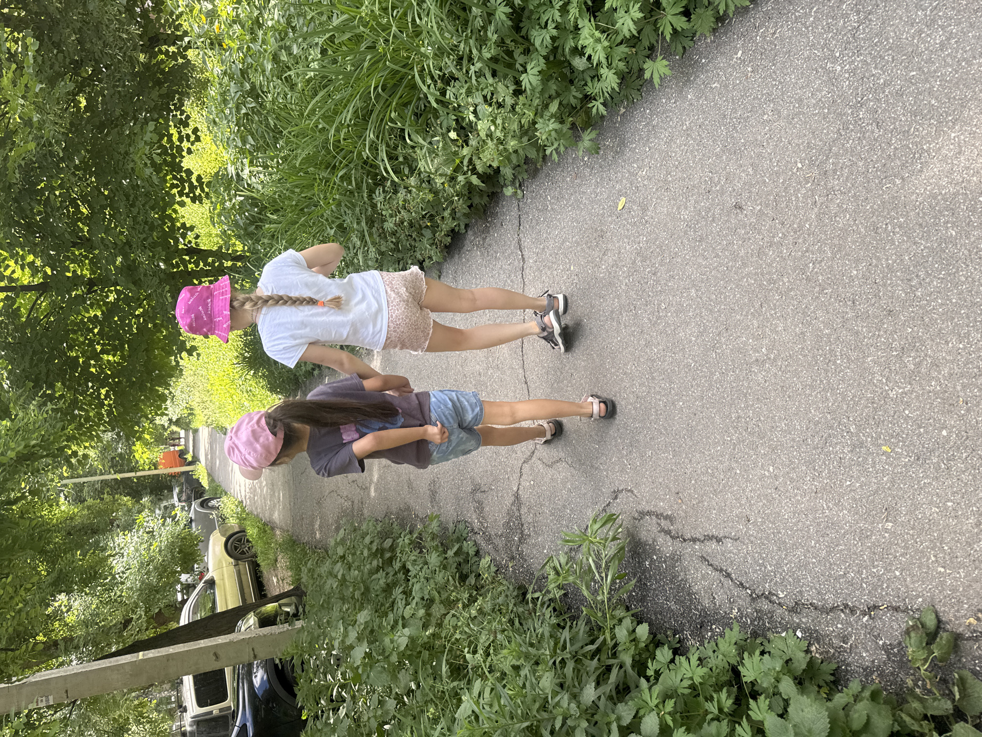 Two young girls are walking away from the camera on a paved sidewalk. The girl on the left is wearing a pink hat, a dark t-shirt, and denim shorts. The girl on the right is wearing a pink bucket hat with a repeating pattern, a white t-shirt, and patterned shorts. They are walking through a green, leafy environment with trees and bushes on either side of the sidewalk. On the left side of the sidewalk, there are parked cars visible behind a utility pole. The lighting suggests it is daytime, likely a sunny day with some overcast or dappled sunlight filtering through the trees. The setting appears to be a residential area or park within a city. The overall scene is calm and depicts a casual stroll.