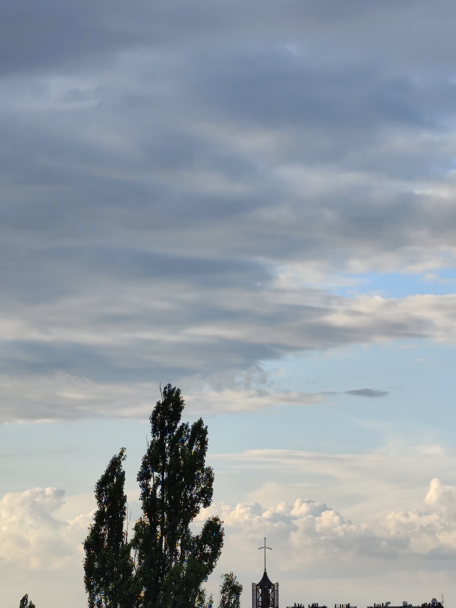The image shows a section of the sky with a few buildings and trees. The sky is filled with clouds, ranging from light and wispy to darker, more defined formations. The clouds appear to be illuminated by sunlight, suggesting it is daytime.
In the foreground, a tall, dark green tree with a dense canopy dominates the left side of the image. Its branches are spread wide, and the leaves are tightly packed. To the right of this tree, the top of a building with a cross on it is visible, suggesting it might be a church or a similar structure. The building appears to be dark in color. Below this, a row of smaller buildings with visible roofs and architectural details can be seen.
The scene is set against a backdrop of buildings and trees that suggest an urban or semi-urban environment. The overall impression is one of an overcast or partly cloudy day in a city. The image does not contain any people or specific actions.
The location of this image is in the city of Zielona Góra, Poland, specifically in the area near the Stary Kisielin district. The perspective suggests the photo was taken from a slightly elevated position, looking towards the horizon.