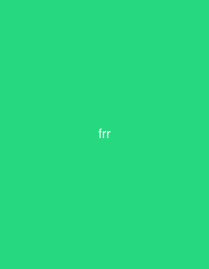 The image displays a uniform, vibrant green background. Centered horizontally and slightly below the vertical midline, the lowercase white text "frr" is present. There are no discernible people, objects, actions, interactions, or environmental details within the visual content. This abstract graphic is presented in the context of Casablanca, Morocco.