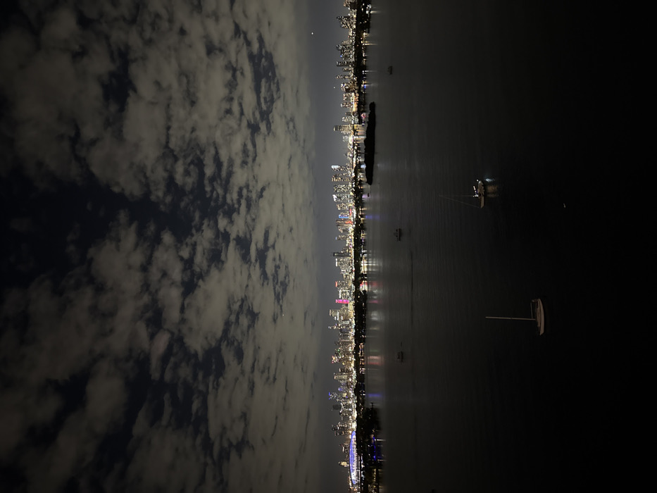 A night scene depicts a cityscape illuminated along the water's edge, reflecting lights onto the dark water surface. Several boats are visible. The sky is filled with dark clouds. The image is vertically oriented.