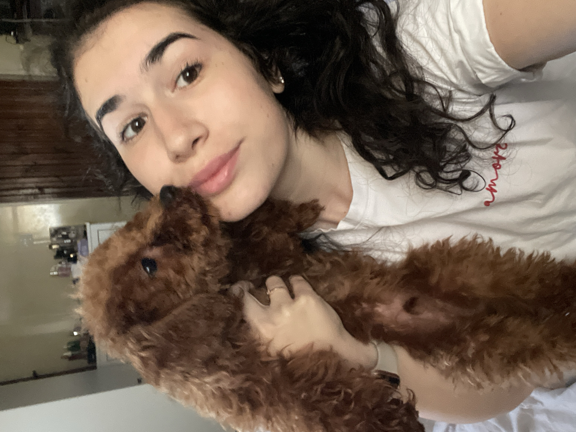A young woman with dark, curly hair is holding a brown poodle. The woman is wearing a white t-shirt with the word "amore" written in red script. She has clear skin, dark eyebrows, and appears to be wearing light makeup. The poodle is resting against her face and body. The background includes a dresser with various items on it, and a white wall. The location is likely indoors. No reliable data to suggest it is located in the city of Sofia, Bulgaria.