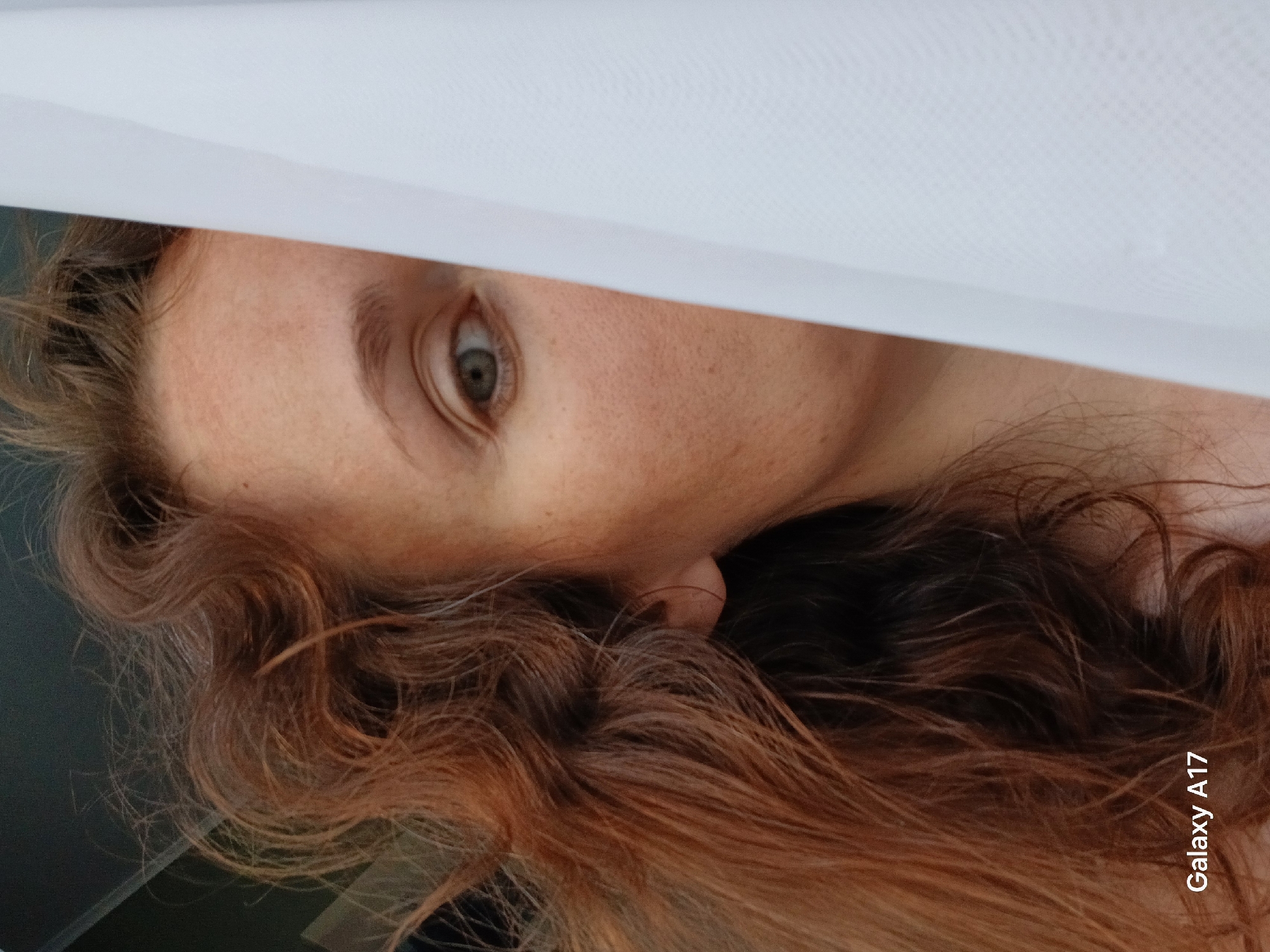 The image is a close-up portrait, oriented vertically but depicting the subject's head rotated counter-clockwise, showing one eye peeking from beneath white fabric and a mass of reddish-brown hair.
**Subjects:** The primary subject is a young adult with fair skin and visible freckles. The prominent feature is a single, striking blue-green eye, complete with a clearly defined pupil and natural, reddish-brown eyebrow, looking directly towards the viewer. Abundant, wavy or curly, reddish-brown hair covers a significant portion of the lower frame, obscuring part of the face and cascading downwards. A small part of the nose is also visible, partially hidden by the hair.
**Objects:** A piece of white fabric, possibly a sheet, pillowcase, or thin curtain, covers the upper part of the subject's head and forehead. This fabric displays a subtle woven texture.
**Scene/Setting:** The setting appears to be indoors. The white fabric suggests a domestic environment, while the dark, indistinct area behind the hair likely represents a wall or other background element, providing no specific location cues for Yekaterinburg.
**Activity or event taking place:** The person appears to be peeking out or looking from beneath a cover, engaging the viewer with a direct gaze. This creates an impression of curiosity, watchfulness, or perhaps a moment of awakening.
**Notable details:** The lighting is soft, highlighting the contours of the face, the texture of the skin, and the individual strands of hair. The overall mood is quiet and intimate. The color of the eye is a distinct blue-green, and the hair has warm, coppery tones.
**Visible text:** The words "Galaxy A17" are subtly visible in white lettering along the bottom right corner of the image (as oriented).