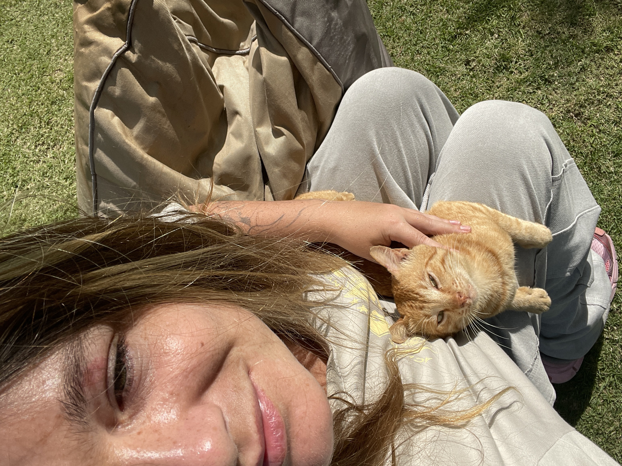 An overhead, close-up shot shows a woman in light-colored clothing with a ginger cat nestled on her lap. The woman's face is partially visible, with her head tilted towards the camera and her eyes looking slightly away. Her hair, a mixture of brown and blonde, falls loosely around her face and shoulders. The cat, with its distinctive orange tabby markings, looks directly at the camera with a calm expression. Its paws are tucked beneath its body, and the woman's hand rests gently on its back. The scene appears to be outdoors, with a backdrop of green grass and the edge of a large, tan-colored duffel bag. The lighting suggests it is daytime, with sunlight casting shadows on the bag and highlighting the textures of the grass and fabric. The overall impression is one of a relaxed, intimate moment shared between the woman and her pet in an outdoor setting, possibly a park or backyard in North Kuta, Indonesia.