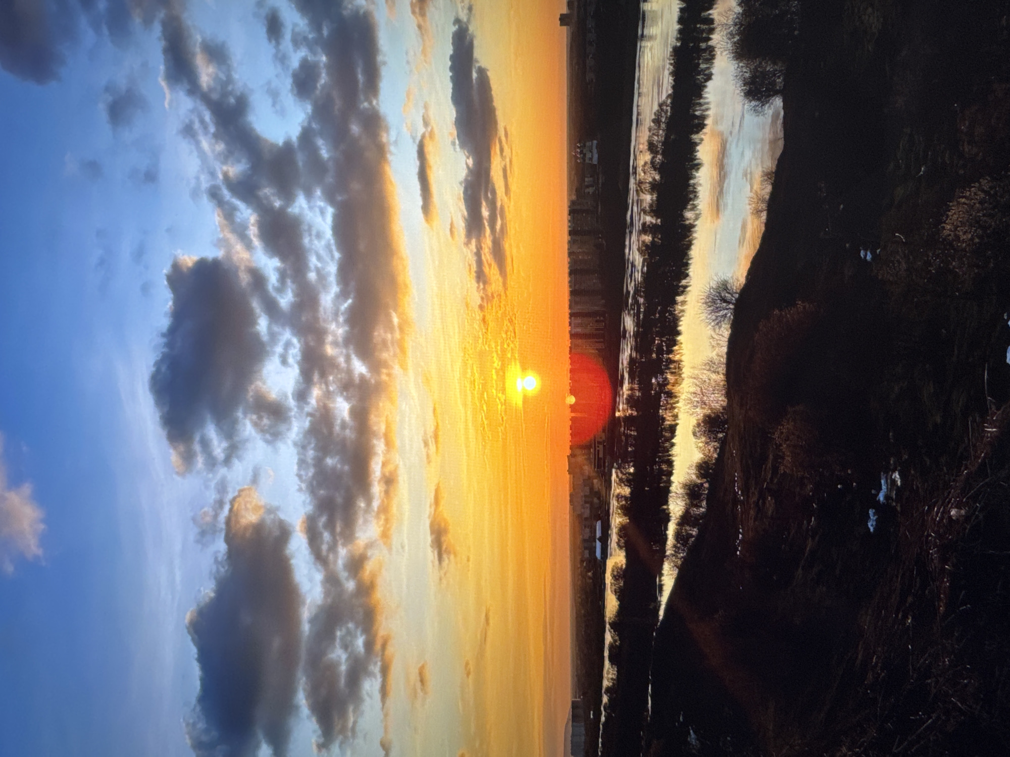 The image depicts a sunset over a body of water in Новинки, Russia. The sky transitions from blue with scattered gray clouds on the left to a bright orange and yellow near the horizon. The sun is visible, casting a warm glow across the scene. On the right, a dark, silhouetted landscape with trees and vegetation borders the water. Reflections of the sky and sunset are visible on the water's surface. Buildings can be seen in the distance along the shoreline.