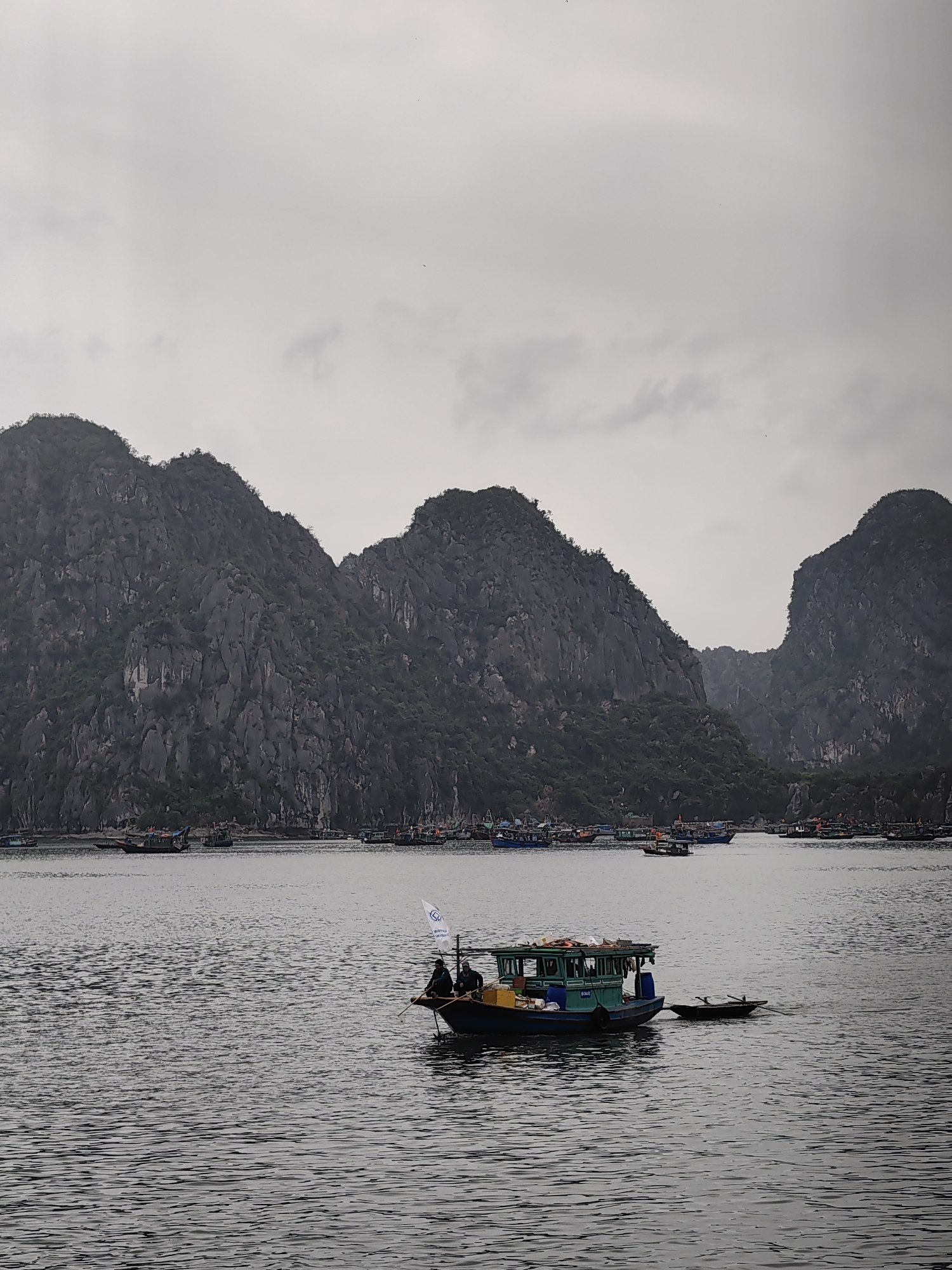The image captures a scene in Ha Long Bay, located in Hong Gai Ward, Vietnam. In the foreground, a small, green and blue boat with two people on board floats on the water. A small, dark-colored rowboat is tied to the larger boat. In the middle ground, numerous other boats are scattered across the water. The background features a dramatic landscape of towering, gray limestone karsts covered in vegetation. The sky is overcast and gray.