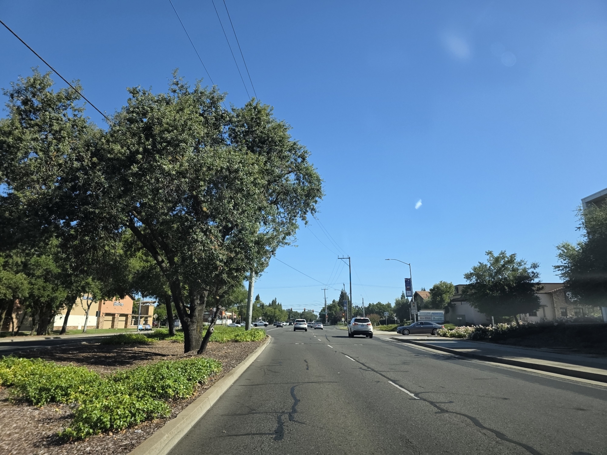 This is a wide-angle, eye-level, outdoor shot taken from a vehicle driving on a road in Elk Grove, California. The sky is a clear, bright blue, indicating a sunny day. The road has multiple lanes and appears to be a commercial area with buildings and businesses lining the right side.
Several cars are visible on the road, suggesting normal daytime traffic. On the left side of the road, there are trees, including a large, mature tree with a full canopy, and a landscaped area with green bushes and mulch. Utility poles and power lines stretch across the scene above the trees.
Buildings on the right side include a multi-story structure with a beige and orange facade, possibly a retail or office building. Another building appears to be made of stone and has a sign that is partially visible but unreadable. Further down the road, more trees and buildings are visible.
There are no people clearly visible in the image. The overall mood is bright and ordinary, capturing a typical daytime scene on a suburban road. No specific events or activities are occurring beyond normal vehicular movement and the presence of businesses. The time of day appears to be late morning or early afternoon, given the strong sunlight and clear sky.