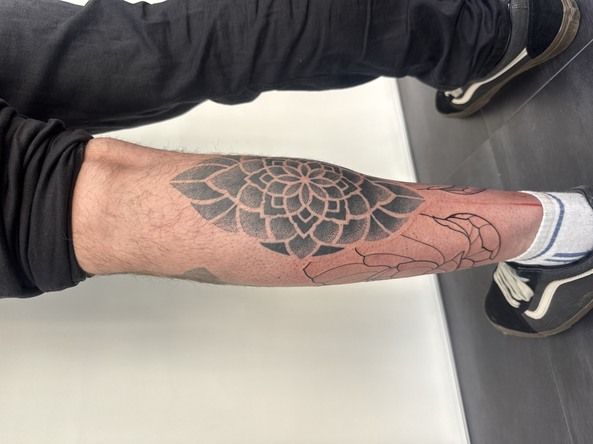 In a well-lit indoor space, possibly a tattoo parlor with a neutral-colored wall and dark tiled floor, a person stands facing forward, their left leg and lower torso visible. The person is wearing black trousers and black Vans sneakers with white laces. The focus is on a tattoo being applied to the person's left calf. A portion of a mandala-style tattoo, rendered in black stippling and linework, is already complete on the outer calf. Below this, outline sketches of floral elements, possibly petals, are in progress. The skin shows redness in areas, indicating recent tattooing. The overall impression is of an ongoing tattoo session. The image lacks any specific visual cues that would allow for the determination of its location in Sofia, Bulgaria.