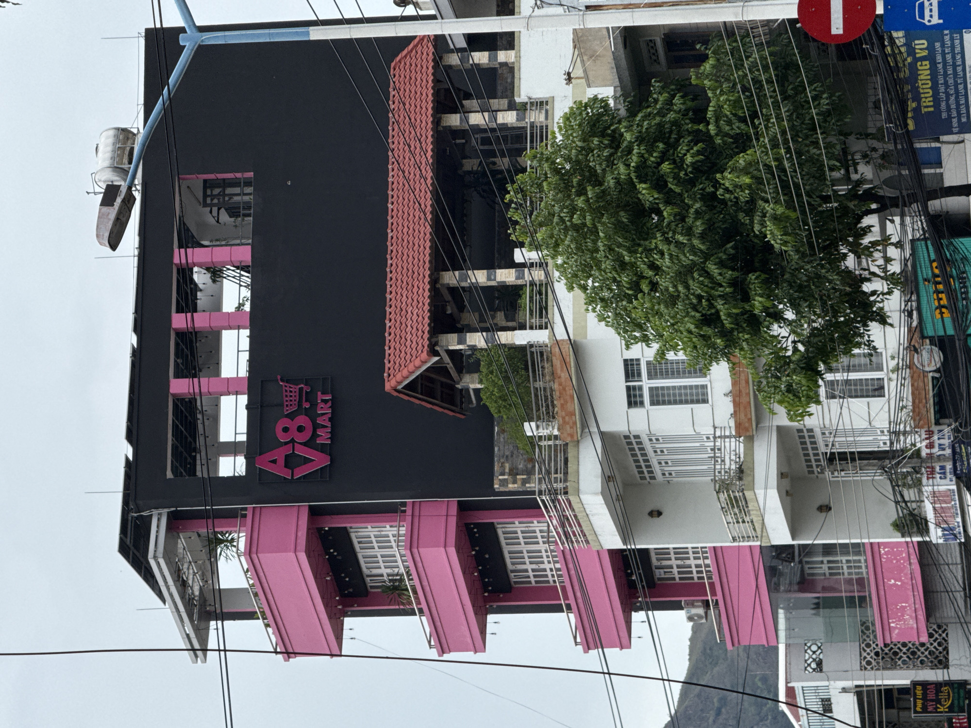 Here's a forensic description of the image:
**Location:** Bac Nha Trang Ward, Vietnam
**Subjects:**
* A multi-story building with a black facade and pink balconies. The building features signage for "A8 Mart".
* An adjacent white building, seemingly residential.
* A tree with dense green foliage partially obscuring the white building.
* Various utility poles and wires creating visual clutter in the foreground and midground.
* Traffic sign.
**Objects:**
* Water tanks (on the top of the buildings).
* Pink balconies and pink color on building.
* Windows with white frames.
* Air conditioning units affixed to the buildings.
* Business signage, including the A8 Mart sign and others (including one for "Trường Vũ" offering air conditioning and refrigeration services).
* Mountains are visible in the background.
**Environment:**
Overcast day. The scene appears to be a mix of commercial and residential activity.