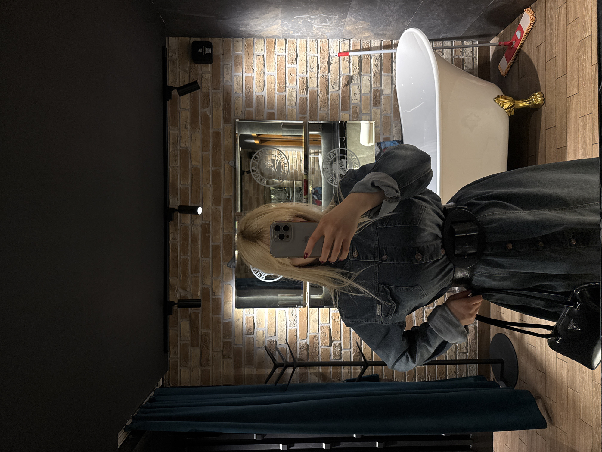A woman stands in a bathroom, holding a smartphone in her left hand, likely taking a selfie in a mirror. The bathroom features brick walls, a black wall on the left, and a bathtub with golden claw feet visible on the right. A cleaning mop leans against the wall near the bathtub. Below the mirror and the woman there is a velvet curtain covering the bottom portion of the wall. The location of the photograph is in Yerevan, Armenia.