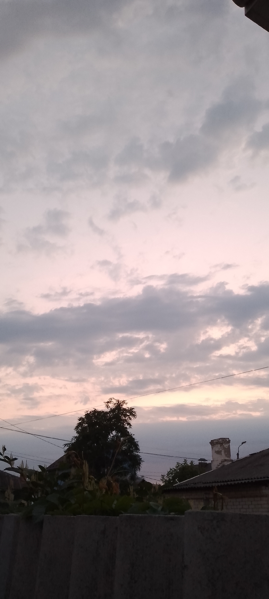The image depicts a twilight sky with scattered clouds over a residential area. In the foreground, a dark, textured wall runs horizontally across the bottom of the frame, obscuring the ground. Above the wall, dark green foliage, possibly corn stalks, is visible. In the mid-ground, silhouetted trees stand against the sky, with power lines crisscrossing in front of them. To the right, the roof of a brick building with a gray shingle roof is partially visible, along with a white, cylindrical chimney and a street lamp. The overall scene suggests a rural or suburban setting in Belgorod, Russia, during dusk or dawn, characterized by a soft, diffused light and a muted color palette. There are no people or discernible actions taking place.