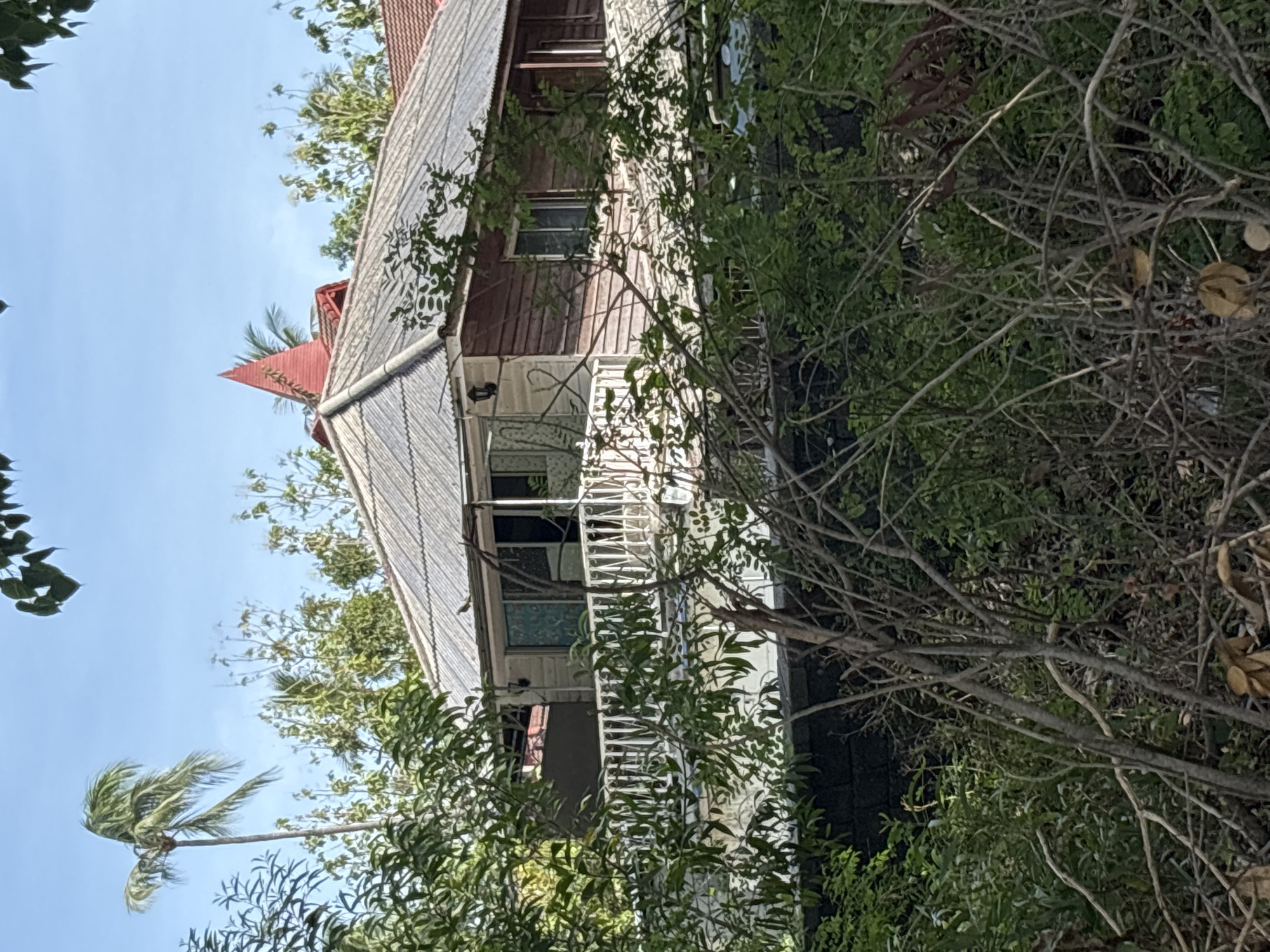 The image depicts a two-story wooden house in บ้านบางรักษ์, Thailand, partially obscured by lush vegetation. The house features a gray corrugated metal roof with red trim, a white railing on the second-floor balcony, and wood siding. A window is visible on the second story. The surrounding environment is characterized by dense trees and foliage. The sky is visible in the background.