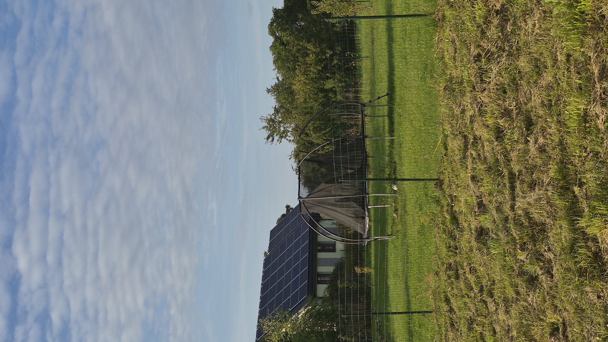 The image depicts a residential backyard in Krauja, Latvia, under a partly cloudy blue sky. In the background, a house with a dark-tiled roof covered in solar panels is visible. A large trampoline with a black safety net is positioned in the middle ground, with two white balls lying on the ground near its base. A green metal fence encloses the property. The foreground shows a grassy area that appears recently mowed, with visible clumps of cut grass. The overall scene suggests a typical suburban or rural residential setting.