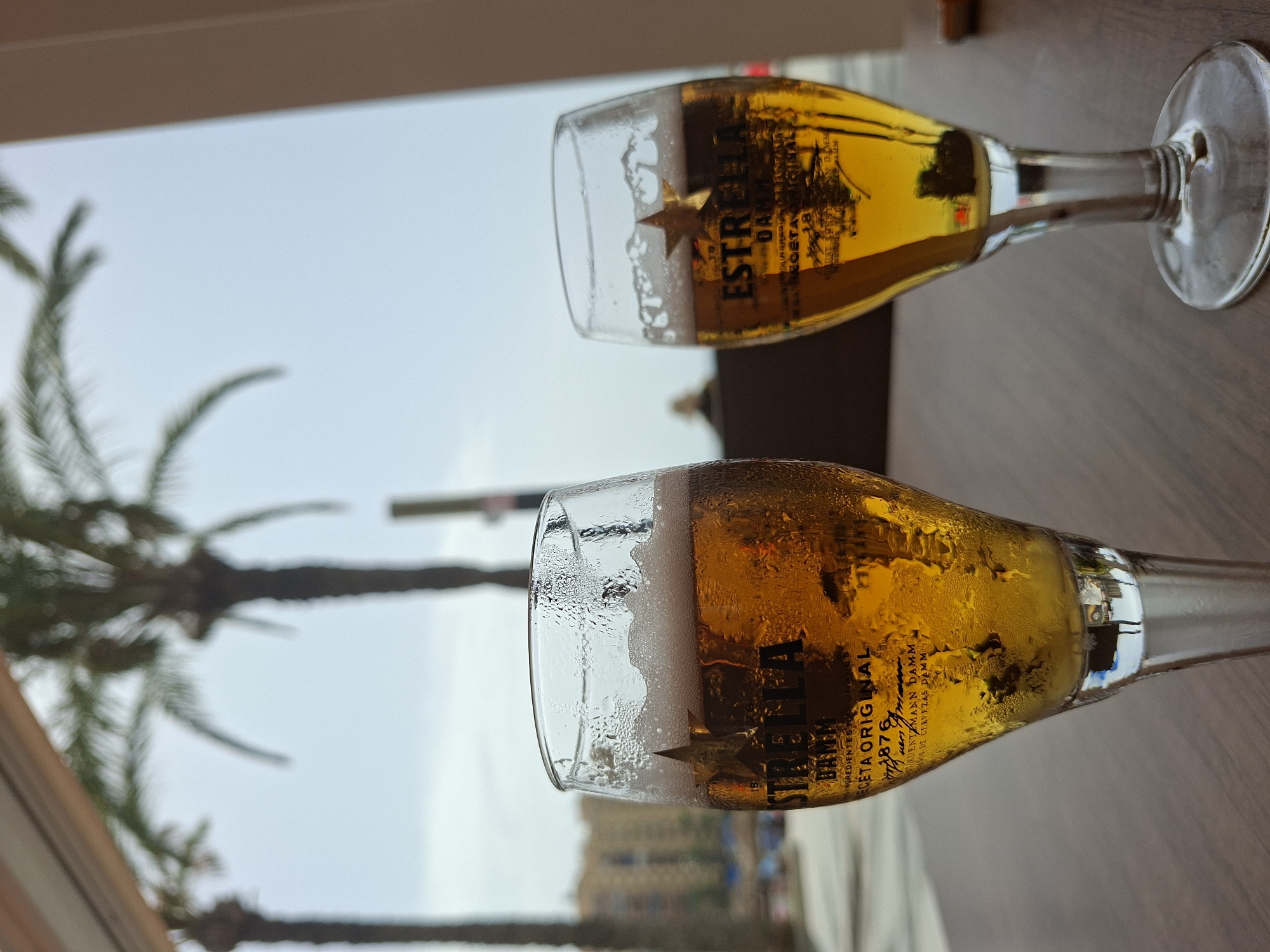 This is a close-up, eye-level shot of two glasses of Estrella Damm beer, set on a wooden table. The glasses are sweating, indicating they are cold, and the beer is a clear, golden amber color with a frothy head. The left glass is larger and closer to the camera, with the "ESTRELLA DAMM" logo and "RECETA ORIGINAL 1876" clearly visible. The right glass is slightly further back and to the right.
In the background, the scene suggests a seaside location. Two palm trees are visible, with their fronds silhouetted against an overcast sky. Beyond the palm trees, there is a building, likely an apartment complex or hotel, with multiple balconies and windows. A blurred figure of a person can be seen in the distance, possibly walking along the promenade or beach. The overall atmosphere is relaxed and suggests an outdoor dining or drinking setting, consistent with a beach town like Torrevieja, Spain, known for its coastal resorts and palm-lined streets.