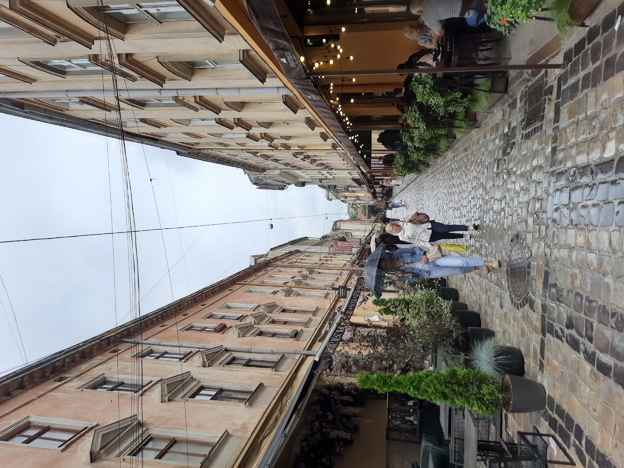 A street in Lviv, Ukraine, is depicted from a ground-level perspective, facing downhill. The cobblestone street is wet and reflects the overcast sky. The buildings lining both sides of the narrow street are old, with weathered facades in shades of peach and beige. They have multiple stories with numerous windows, some with decorative detailing.
On the left side, a restaurant or cafe is visible with outdoor seating and decorative plants. A black awning extends over the sidewalk. On the right side, another establishment with an awning features outdoor seating and string lights. Lush green plants in pots line the edge of the sidewalk in front of this establishment.
Several people are walking in the street. Two women are walking towards the viewer, one holding a dark umbrella. Another woman is walking away from the viewer in the distance. A few people are seated at tables outside on the right side. The overall atmosphere is subdued, likely due to the cloudy weather. The street appears to be a pedestrian area with a mix of shops and eateries.