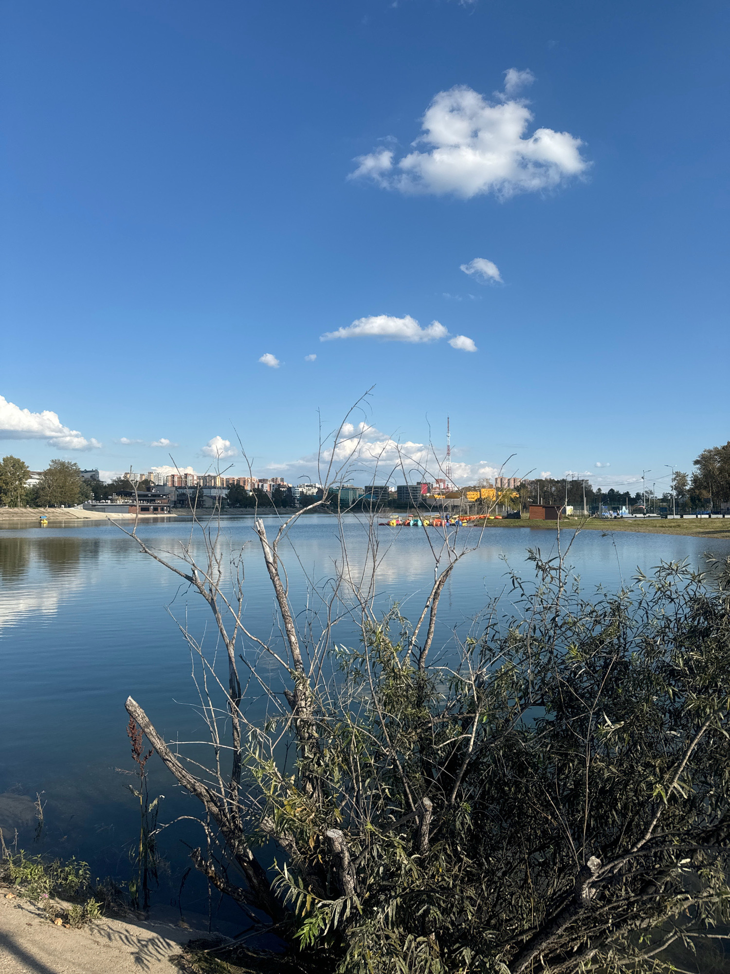 The image depicts a tranquil lake scene with a city skyline in the background. The foreground is dominated by the natural elements of the lake's edge, with dry, leafless branches and green foliage encroaching on the water. The water itself is calm and reflects the clear blue sky dotted with white, fluffy clouds.
Across the lake, a series of buildings form the city skyline, with a variety of architectural styles visible. Some buildings appear to be residential, with multiple stories and balconies. Others seem to be commercial or recreational, with colorful awnings and structures suggestive of shops or cafes. In the distance, a tall, red and white tower, possibly a radio or observation tower, punctuates the skyline.
Several colorful paddle boats are visible on the lake, suggesting recreational activity. The shoreline on the opposite side of the lake features a sandy area, trees, and more buildings. The overall impression is one of a pleasant, sunny day in an urban park or recreational area adjacent to a body of water.
Without further information, it is impossible to definitively identify the specific location within Irkutsk, Russia. However, the presence of a lake with a city skyline, recreational activities, and buildings suggests a developed urban area with recreational amenities.