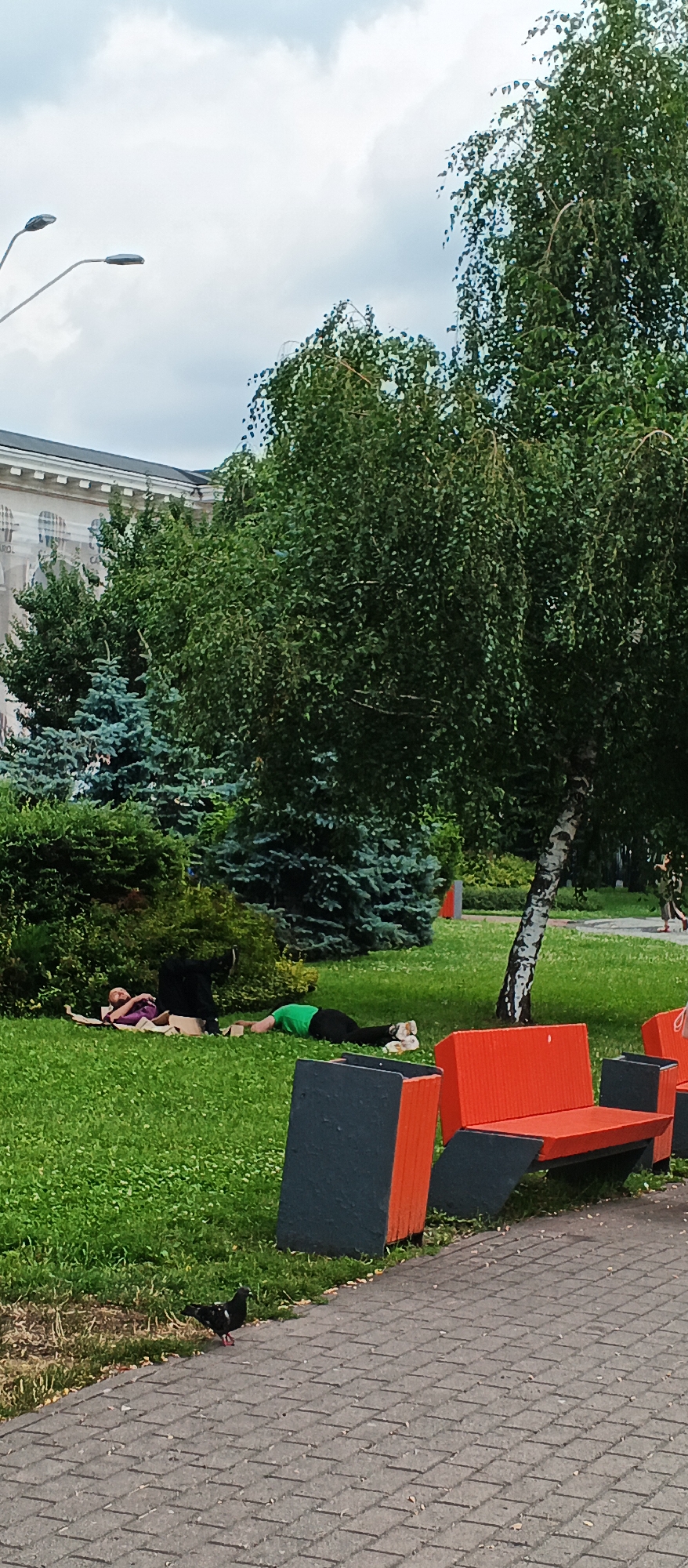 In Kyiv, Ukraine, two individuals are lying on a grassy lawn near a park pathway. One person, wearing a purple shirt and black pants, is lying on their back with their legs bent. The second person, wearing a green shirt and black pants, is lying on their stomach. Both individuals appear to be resting or sleeping. In the foreground, a pigeon stands on a paved walkway. Behind the people, several trees and bushes create a natural backdrop. Modern orange and gray park benches are visible to the right. A building with classical architecture is visible in the background, suggesting an urban park setting. The sky is overcast with clouds.