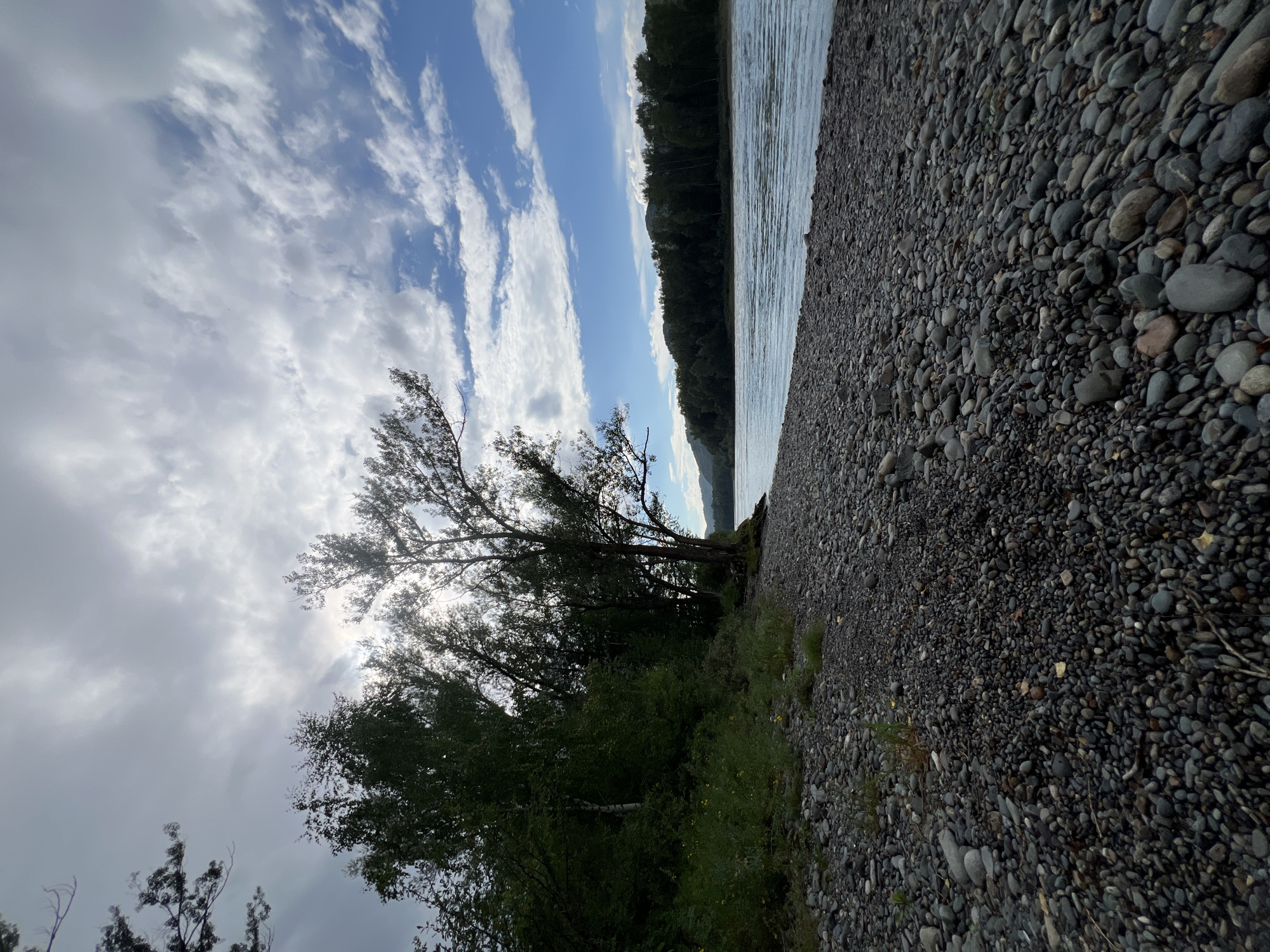 A wide river flows gently to the right, bordered by a rocky shore in the foreground and a dense forest on the opposite bank, under a partly cloudy sky. The left side of the image features a steep, vegetated bank with trees reaching towards the sky, some of which are silhouetted against the sun. The river's surface is calm, with subtle ripples reflecting the light. The shore is covered with smooth, dark gray and black pebbles. The sky is a mixture of white, fluffy clouds and patches of bright blue, with the sun partially obscured by clouds, creating a diffused light. In the distance, a low range of forested hills is visible across the river. The overall impression is a serene natural landscape.