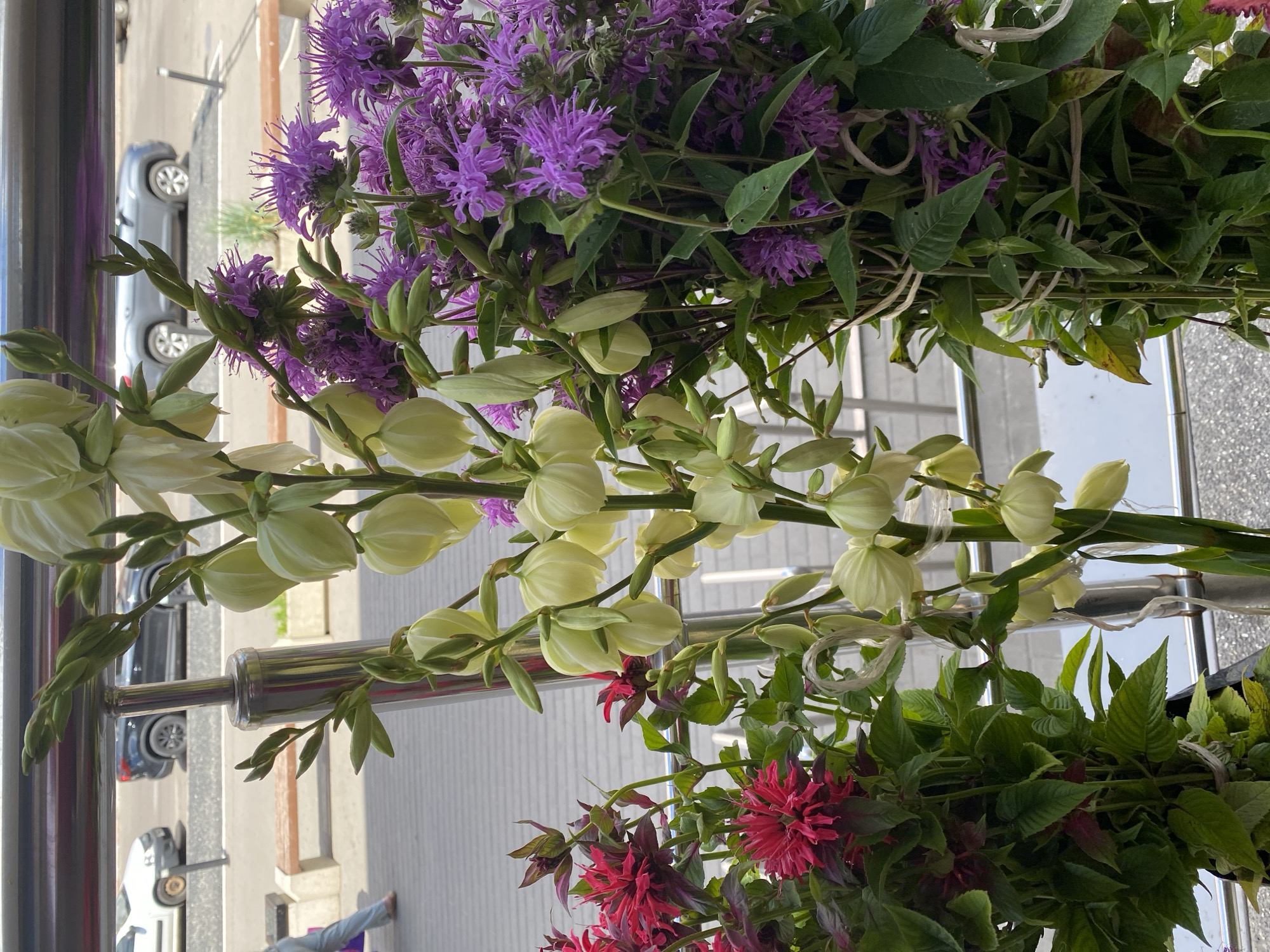 In Novaya Usman', Russia, a close-up shot captures a vibrant display of flowers arranged in front of a railing. In the foreground, a cluster of deep red flowers with intricate, spiky petals is visible, complemented by lush green foliage. To the right, a collection of tall, pale green, bell-shaped flowers on a central stalk extends upwards, interspersed with small, delicate buds. A dense grouping of purple, spiky flowers, resembling bergamot, fills the right side of the frame. The flowers are artfully tied together with twine. Behind the floral arrangement, a metal railing runs horizontally across the image. Beyond the railing, a paved walkway with a concrete bench is visible. In the background, cars are parked on a street, with buildings and a grey sky suggesting an urban or suburban environment. A person, partially visible in the lower left, walks away from the camera.