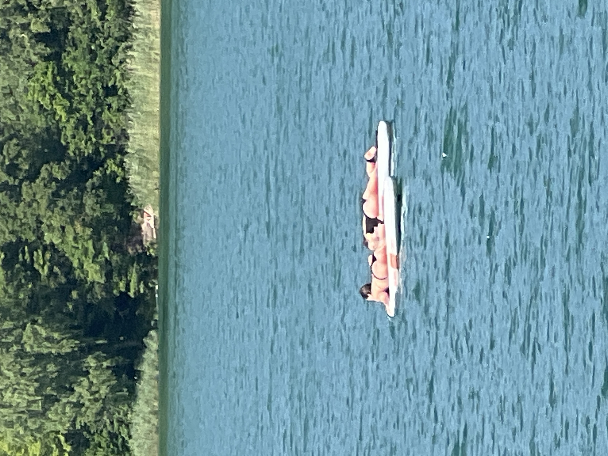 The image shows a body of water with a person on a paddleboard. The paddleboard is white with an orange stripe and the person appears to be wearing a dark swimsuit. They are lying on the paddleboard. The water is a deep blue-green color. On the left side of the image, there is a dense green forest or treeline that extends into the distance. The sun appears to be shining, casting subtle reflections on the water. The overall scene suggests a recreational activity on a calm day. The image is oriented vertically.
