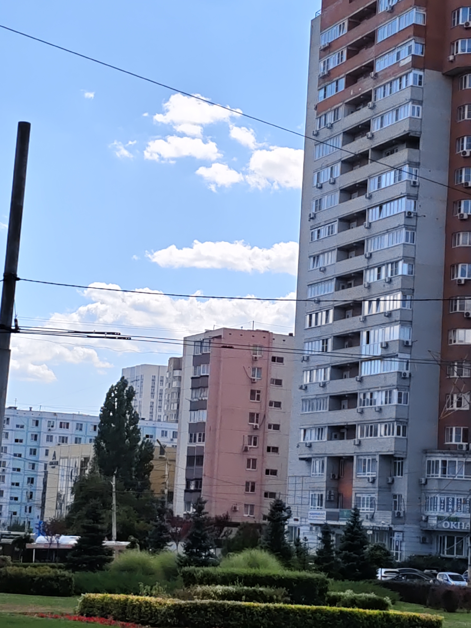 This image depicts a cityscape in Rostov-on-Don, Russia, featuring several multi-story apartment buildings under a bright blue sky with scattered white clouds. In the foreground, there is a well-maintained green space with manicured bushes and hedges, and some trees. A dark utility pole stands prominently on the left side of the frame, with power lines crisscrossing the sky.
The buildings vary in architectural style and color. The tallest building on the right is a modern apartment complex with a red-brown brick facade on its upper floors and gray concrete on the lower floors, characterized by numerous balconies and windows. To its left, another tall apartment building, primarily gray with lighter gray concrete sections, also features many balconies and windows. Further to the left, a pink-toned building of similar height is visible, with a more uniform facade and balconies. In the background, lighter-colored, lower-rise apartment buildings can be seen, including one with a pale blue facade. Several cars are parked on the street in front of the buildings. The overall impression is that of a residential urban area on a clear day.