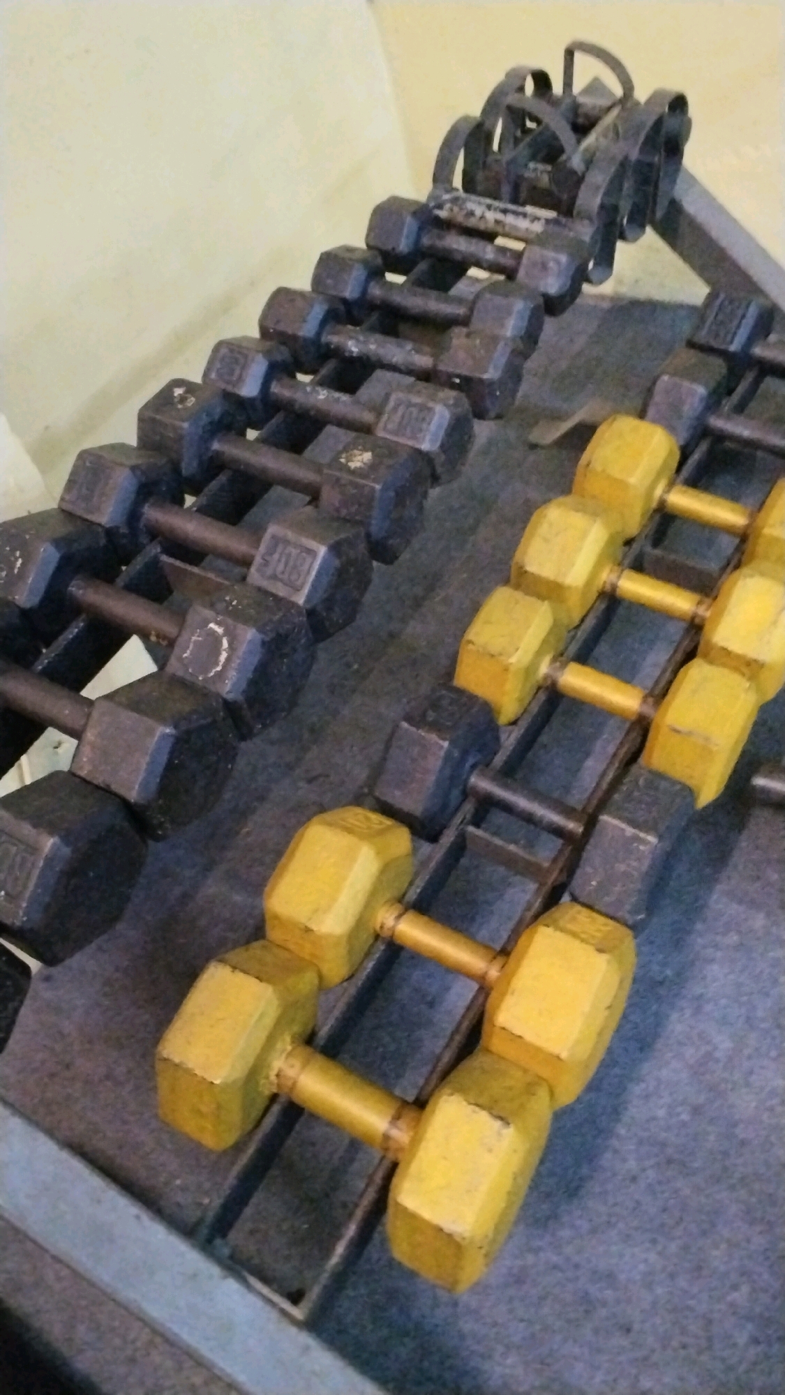 The image shows a rack of dumbbells in what appears to be a gym. The dumbbells are arranged in two rows on a metal rack. The dumbbells in the front row are painted yellow, while the dumbbells in the back row are black. The black dumbbells have visible weight markings, with one dumbbell clearly marked as "10 lbs". The rack is placed on a grey, textured floor. In the background, a pale yellow wall is visible. The scene is well-lit, suggesting an indoor setting. There are no people visible in the image. The composition is a close-up shot, emphasizing the dumbbells and their storage. The location of this gym is identified as Mojokerto, Indonesia.