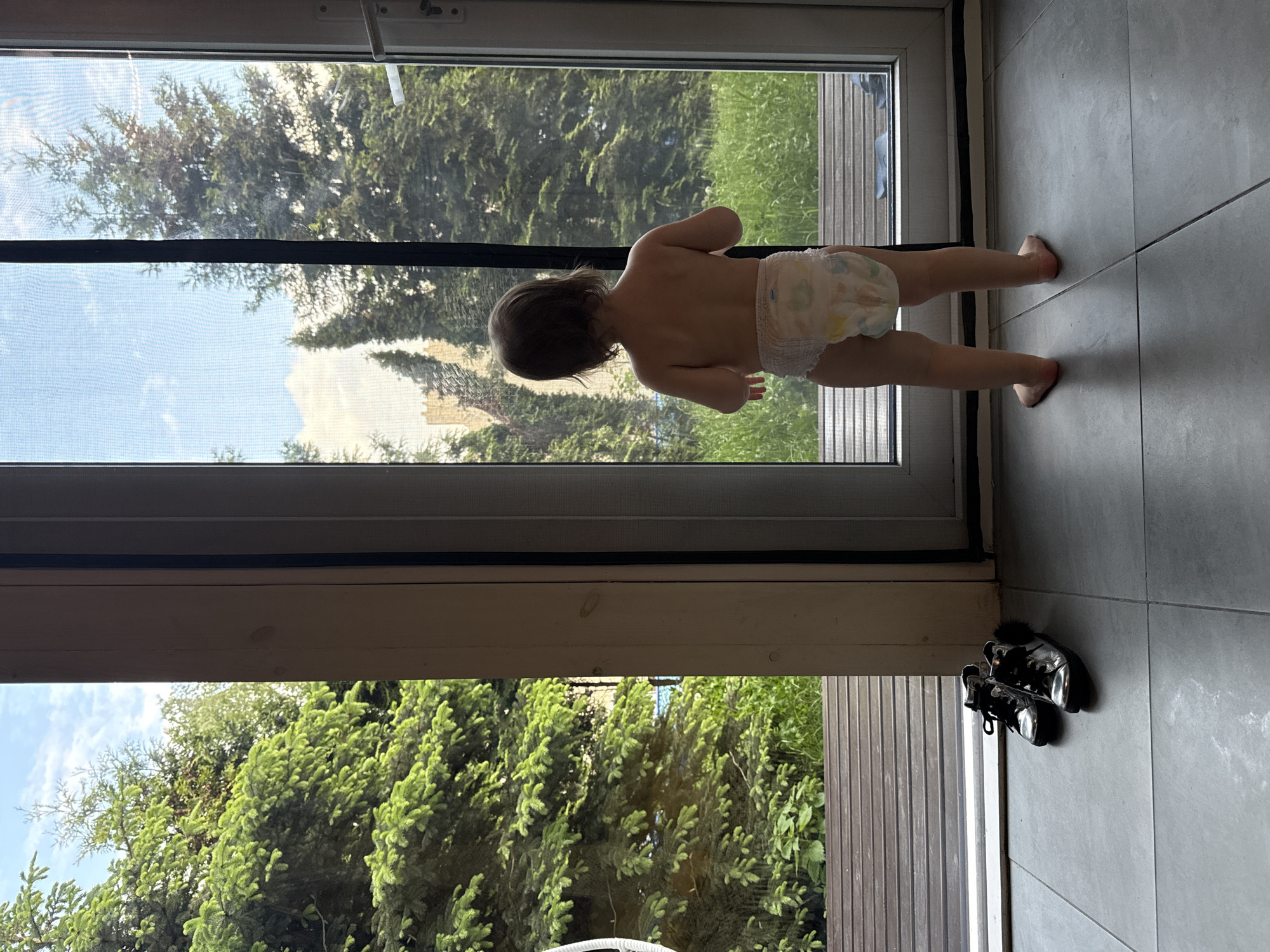 A young child in a diaper stands in front of a screen door, looking out at a view of greenery. The child's back is toward the camera. The screen door is set in a light-colored frame. Inside, the floor is tiled in gray. A pair of black sneakers is near the door. Outside, the view includes trees and grass, suggesting a natural or suburban setting. The photograph appears to be taken in a well-lit interior space, with the outside scene visible through the screen door. Location: Чёрное, Russia.