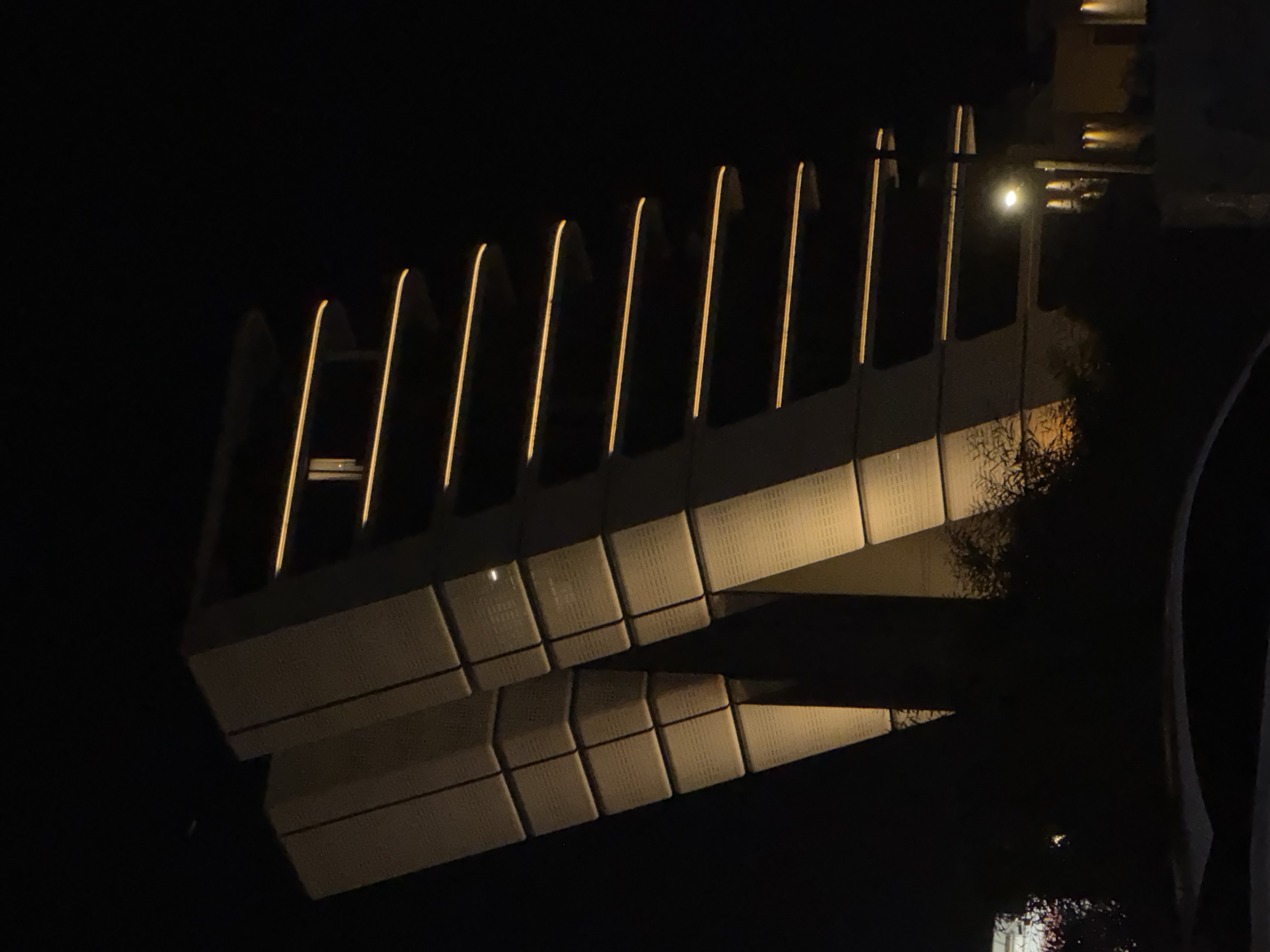 This is a nighttime photograph of the "N" shaped building in Parekklisia Community, Cyprus. The building's unique architecture features two large, angled structures that form the letter "N." The facade of the building is illuminated with warm, horizontal lights that outline the edges of each floor. The background is entirely dark, suggesting it is night. There are trees and foliage visible in the foreground, partially obscuring the base of the building. A street light is also visible to the right of the building. The overall scene is dark with the exception of the building's lighting.