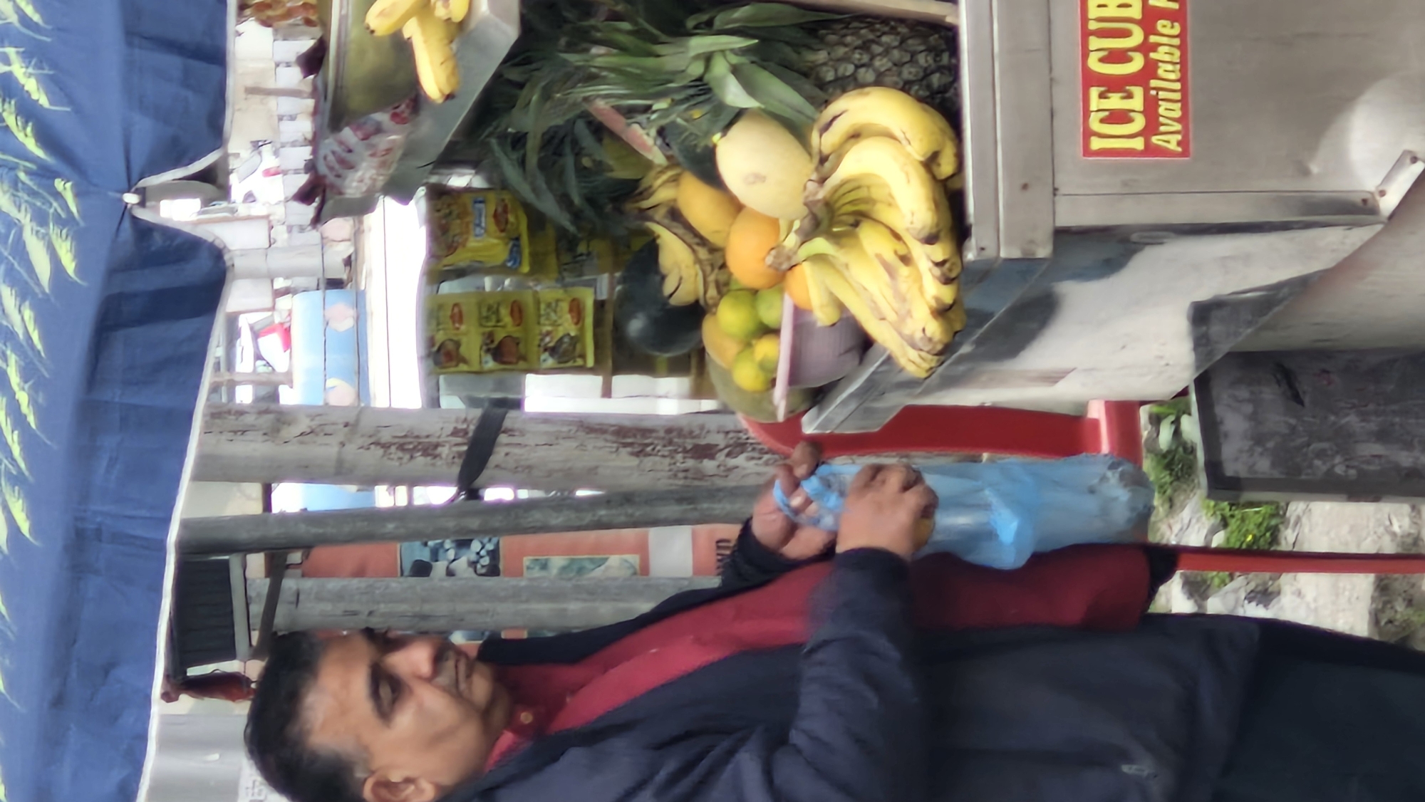 The image shows a man in a blue jacket and red shirt standing in front of a fruit stall in Vashisht, India. He is holding a blue plastic bag and appears to be either buying or selling fruit. The stall is laden with a variety of fruits, including bananas, pineapple, oranges, and melons. In the background, there are some vehicles and buildings, suggesting an urban or semi-urban setting. The stall is covered by a blue awning with a leaf pattern. A sign on the stainless steel counter reads "ICE CUBS Available." The overall scene depicts a typical street-side fruit vending operation in India.
