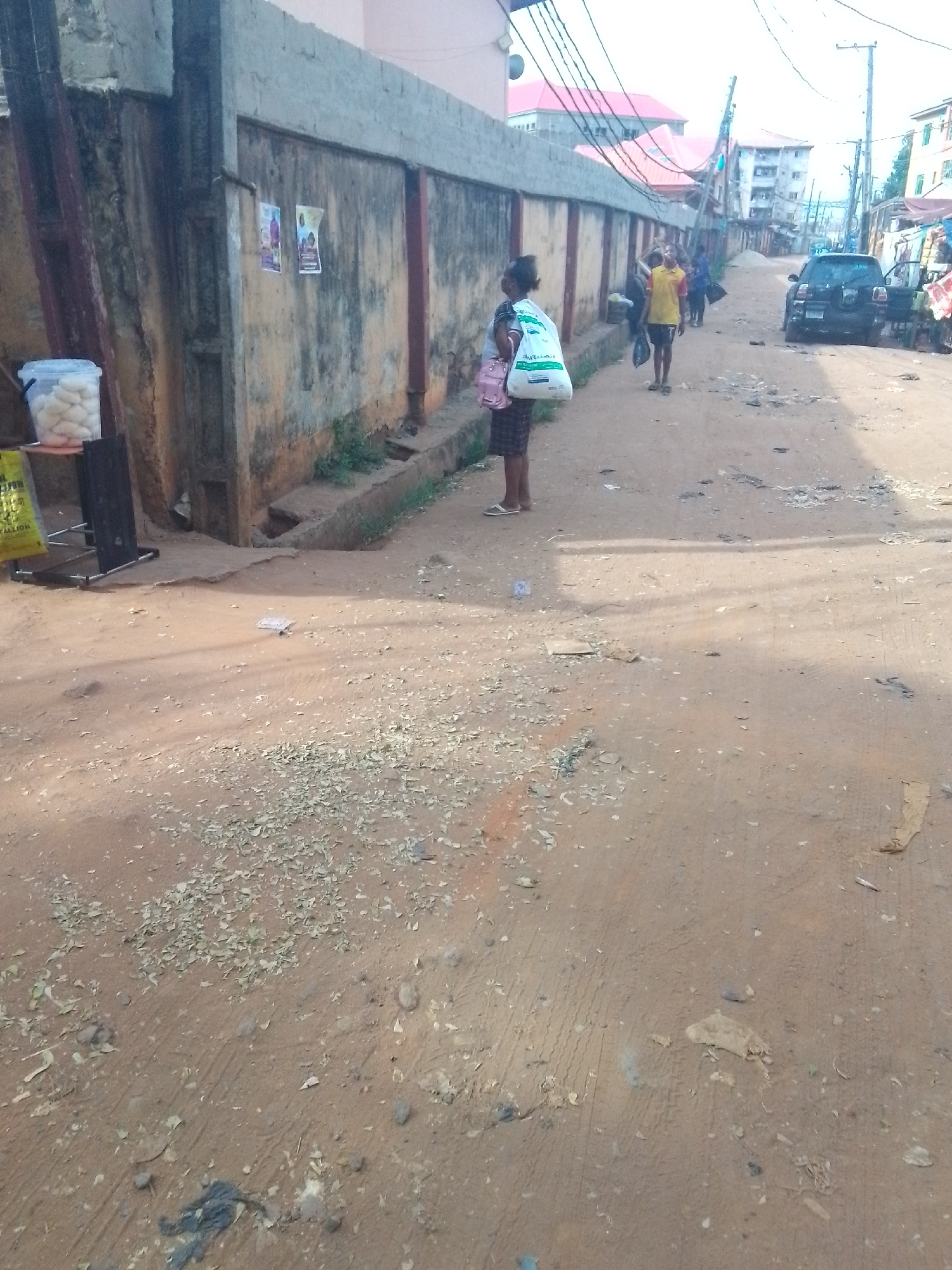 The image depicts a street scene in Unknown, Unknown. The street is unpaved, primarily composed of dirt and scattered with leaves, rocks, and trash. A woman stands near the side of the street, carrying a white bag over her shoulder and a pink bag in her other hand. Further down the street, another person in yellow is walking away from the camera. A dark-colored car is parked further ahead, with buildings and power lines visible in the background. Along the side of the street, there is a wall with some posters on it and a street food cart with a container of round pastries.