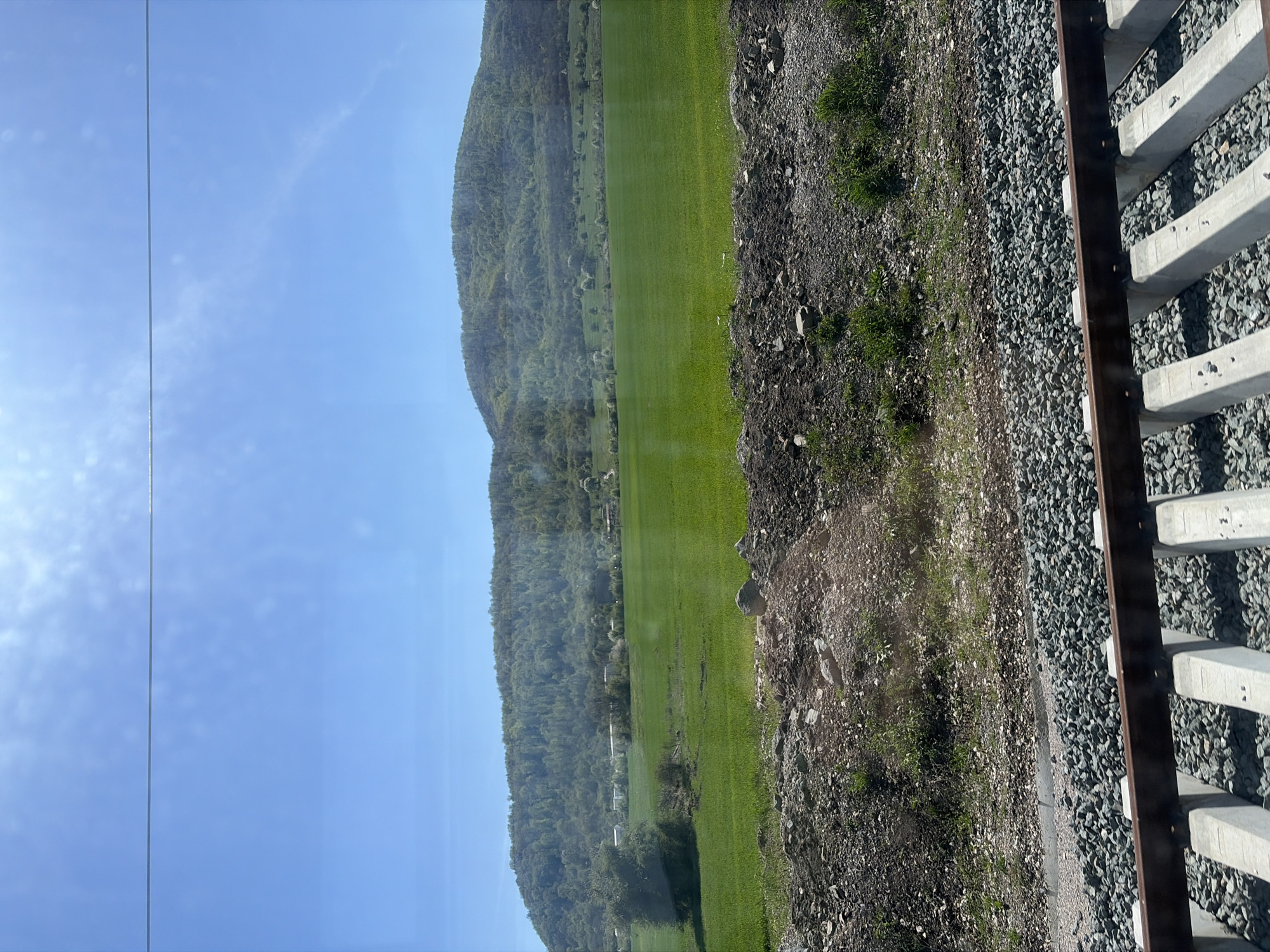 The image captures a scenic view from what appears to be a moving train, looking out towards a rural landscape. In the foreground, on the right side of the frame, are train tracks with concrete sleepers embedded in grey gravel ballast. Adjacent to the tracks is a strip of rough, stony ground with patches of green grass and small plants.
Beyond this immediate area, a vast, vivid green field stretches across the middle ground, indicating agricultural land or pasture. In the background, a substantial mountain range rises, densely covered with green trees and foliage, extending across the horizon. The sky above is a clear, bright blue, with only a few faint, wispy clouds visible. A thin, almost vertical line, possibly a wire or a reflection on the train window, is visible on the left side of the sky.
The scene is brightly lit by natural sunlight, suggesting it is daytime, likely morning or afternoon, given the clear weather. The overall impression is one of peaceful natural scenery viewed during a journey. The location context provided is Stambolovo, Bulgaria, which aligns with the mountainous and agricultural landscape depicted. There is no visible text in the image.