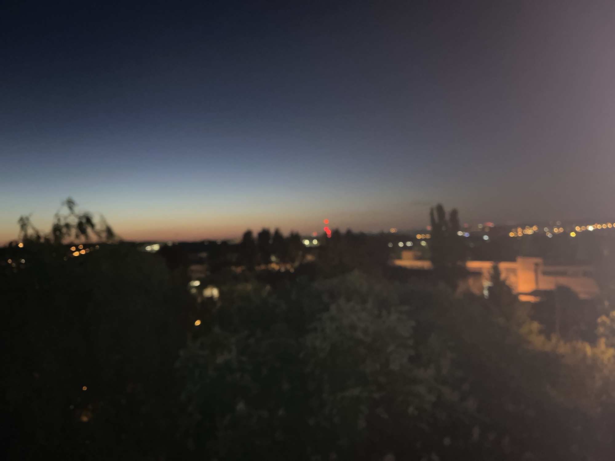 The image depicts a nighttime cityscape, likely taken from an elevated position. The sky transitions from a deep blue at the top to a faint orange near the horizon, indicating twilight or dawn. A dense layer of trees fills the foreground, obscuring some of the view. Beyond the trees, blurred lights suggest a city skyline. There are a few distinct red lights, potentially from a tower or other tall structure. A building is visible on the right side of the picture.