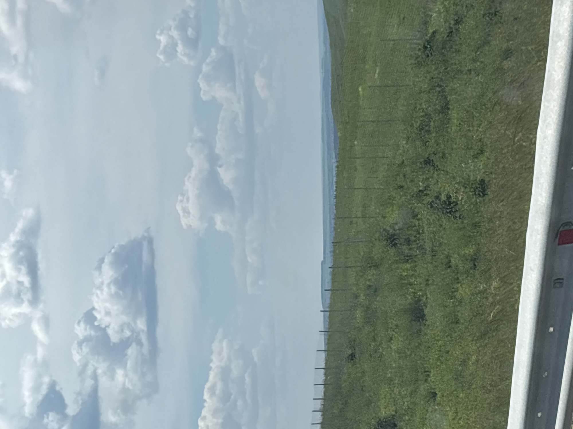 The image depicts a wide, verdant landscape under a cloudy sky. In the foreground, a silver guardrail is visible, suggesting a roadside perspective. Beyond the guardrail, a gently sloping green field extends into the distance, dotted with numerous vertical stakes that form a grid-like pattern across the terrain. The field appears to be covered in dense vegetation. In the far distance, layers of hazy blue hills are visible, leading to a faint horizon line. The sky is filled with a mix of large, fluffy white clouds and lighter, more dispersed cloud formations against a pale blue backdrop. There are no people or animals visible in the image. The scene suggests a rural or natural setting, likely in a region with rolling hills and open fields. The location in Korguza, Russia is noted, implying a specific geographical context for this landscape.