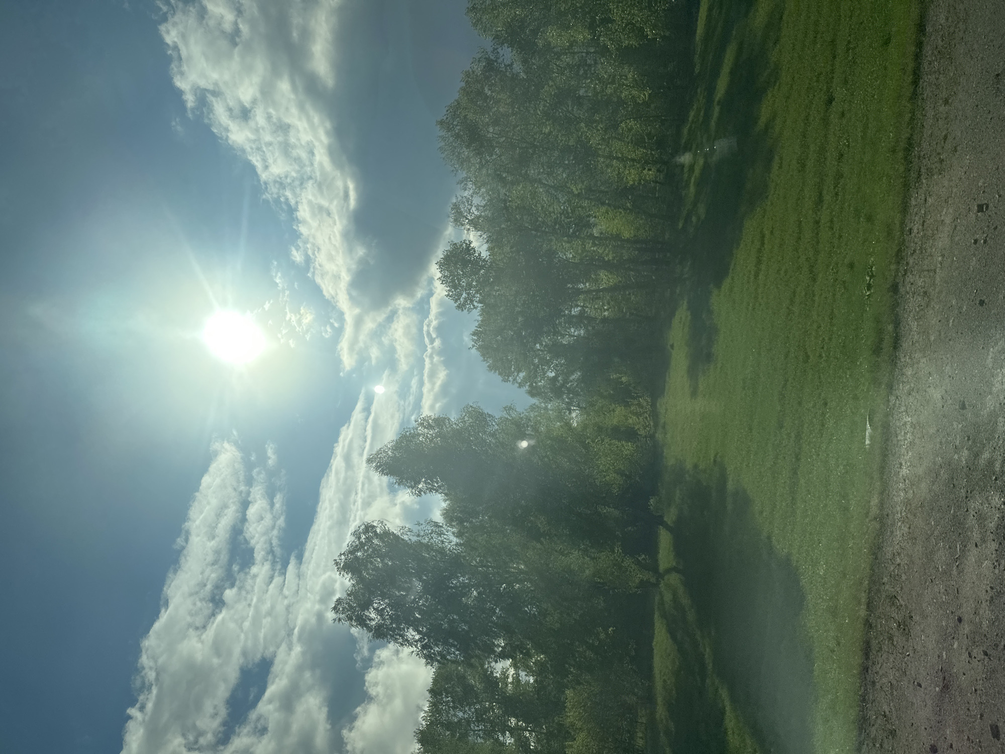 The image depicts a landscape with a bright sun and scattered clouds in the blue sky. A line of trees runs horizontally across the middle, casting shadows onto a green grassy area. The right side of the image shows a dirt or gravel path. The image is slightly blurry. The location is Bezmenovo, Russia.