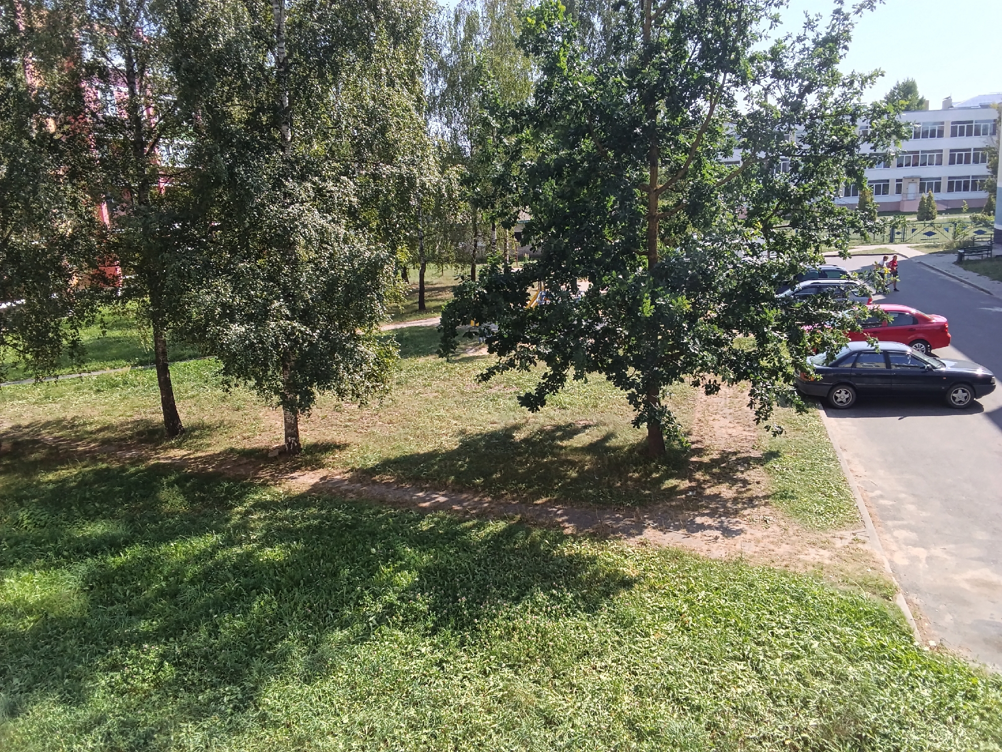 The image depicts a sunny outdoor scene in Drahichyn, Belarus. A paved road runs along the right side of the frame, with several parked cars, including a dark sedan and a red sedan. Adjacent to the road is a sidewalk and a patch of grass. Further to the left, a grassy area with scattered trees occupies the majority of the foreground. In the background, a building with multiple windows and a white facade is visible. The overall environment suggests a residential or urban area with green spaces.