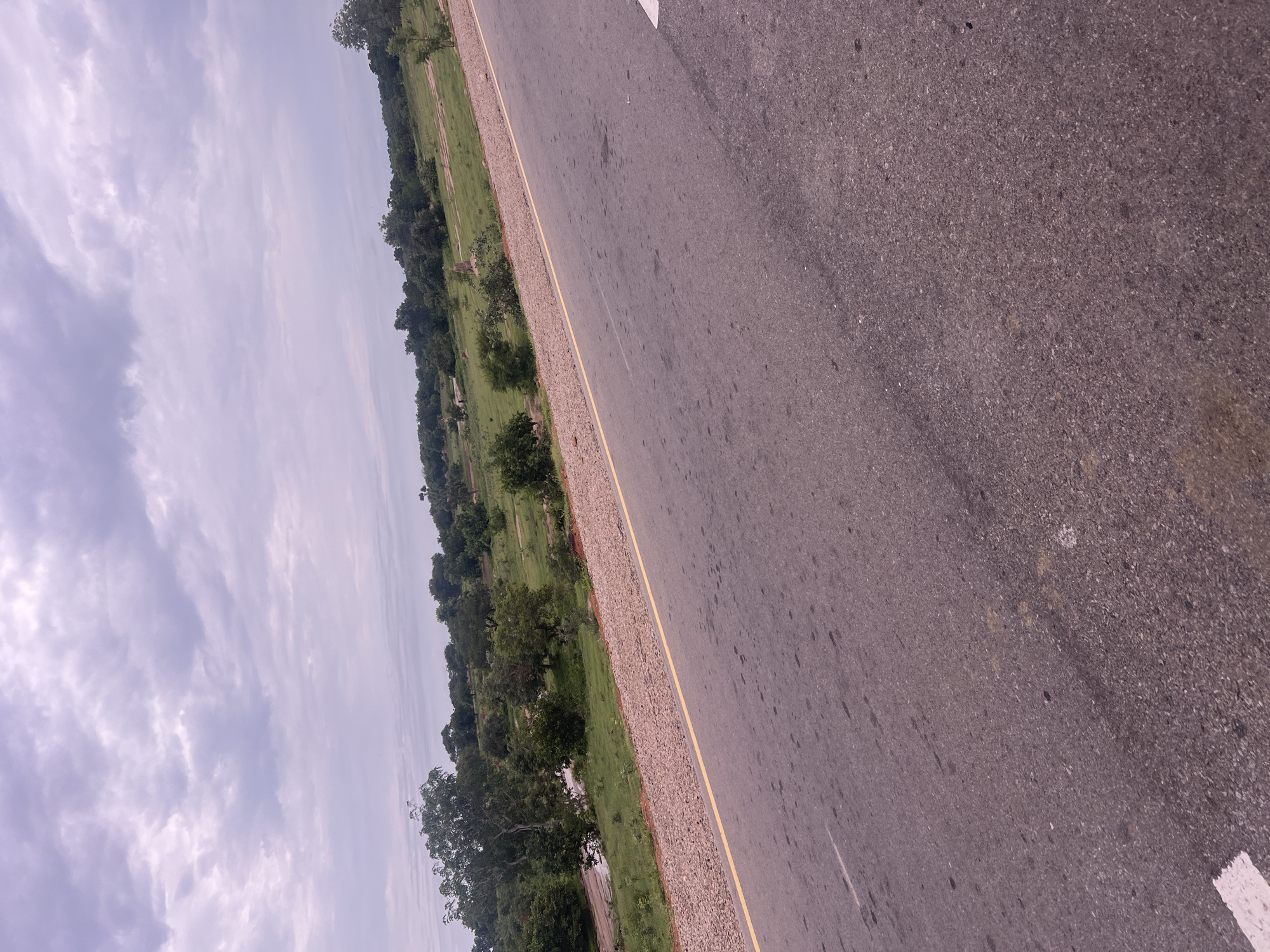 This image depicts a paved road with a yellow line marking the edge, running alongside a grassy area with scattered trees. The road surface appears to be asphalt and shows some signs of wear and tear. To the left of the road is a field of green grass, with several trees dotted throughout. In the distance, more trees form a dense line, suggesting a wooded area or the edge of a forest. The sky is cloudy and overcast, indicating a potentially dull or rainy day. The image is oriented vertically, with the road occupying the right side and the landscape and sky on the left. There is no text visible in the image. The scene suggests a rural or semi-rural setting, possibly a highway or a main road in Minda, Nigeria, given the location context. The activity taking place is not explicitly shown, but it's a static view of a roadside environment. The lighting and weather suggest it could be midday or late afternoon.