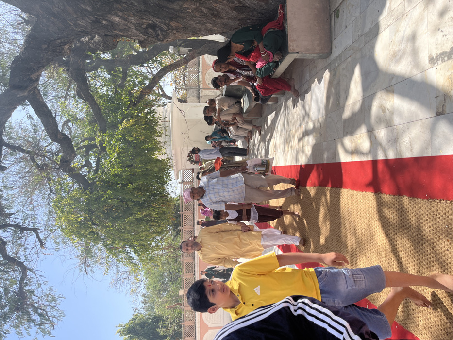 The image shows a scene in Panchkula, India, at the coordinates 30.722 latitude and 76.855 longitude.  The location appears to be a religious site, possibly a temple, with a large tree providing shade over a paved area.  The scene features a group of people walking on a red carpet, while others are seated on a bench.  The walkers include a young boy wearing a yellow shirt, a man wearing a white shirt and a yellow turban, and a young girl wearing a red dress.  The seated people include a woman wearing a pink and red sari, and a man wearing a white shirt.  The scene is bathed in sunlight, with shadows cast by the tree.  There are other people standing in the background.