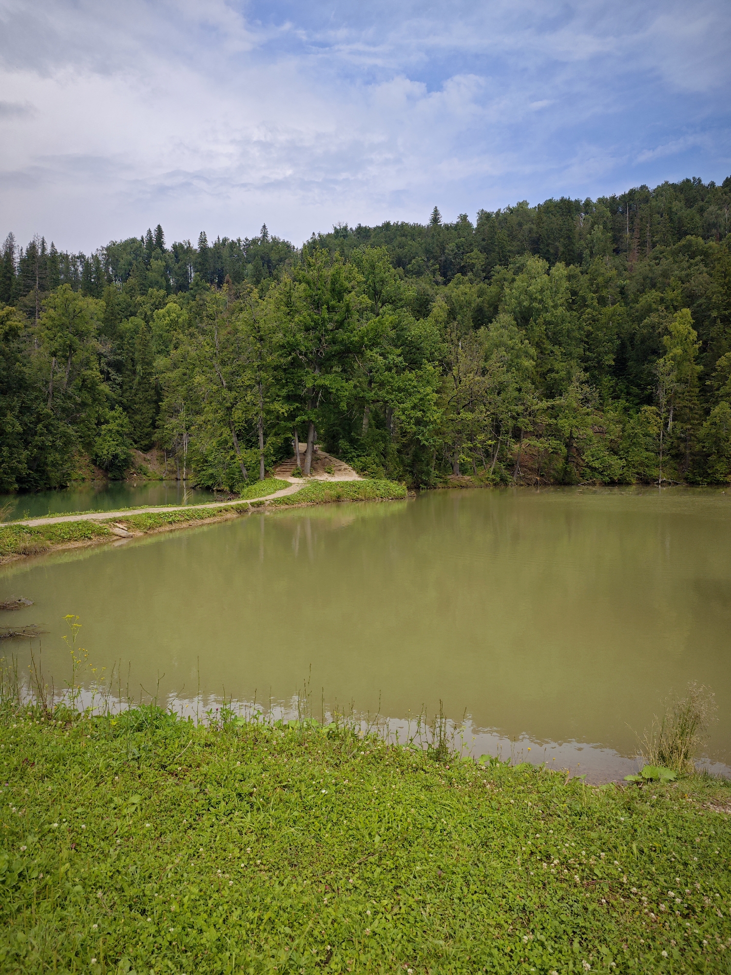 The image depicts a serene natural landscape with a calm, greenish body of water in the foreground, reflecting the surrounding lush green trees and the blue sky with scattered white clouds. A narrow, sandy path with grass borders meanders along the edge of the water, leading to a small clearing with some trees. The background is dominated by a dense forest that covers rolling hills. The overall impression is one of a tranquil, undeveloped natural area. This scene is located in the vicinity of the city of Krasnyy Klyuch, Russia, a region known for its natural beauty and forested areas.