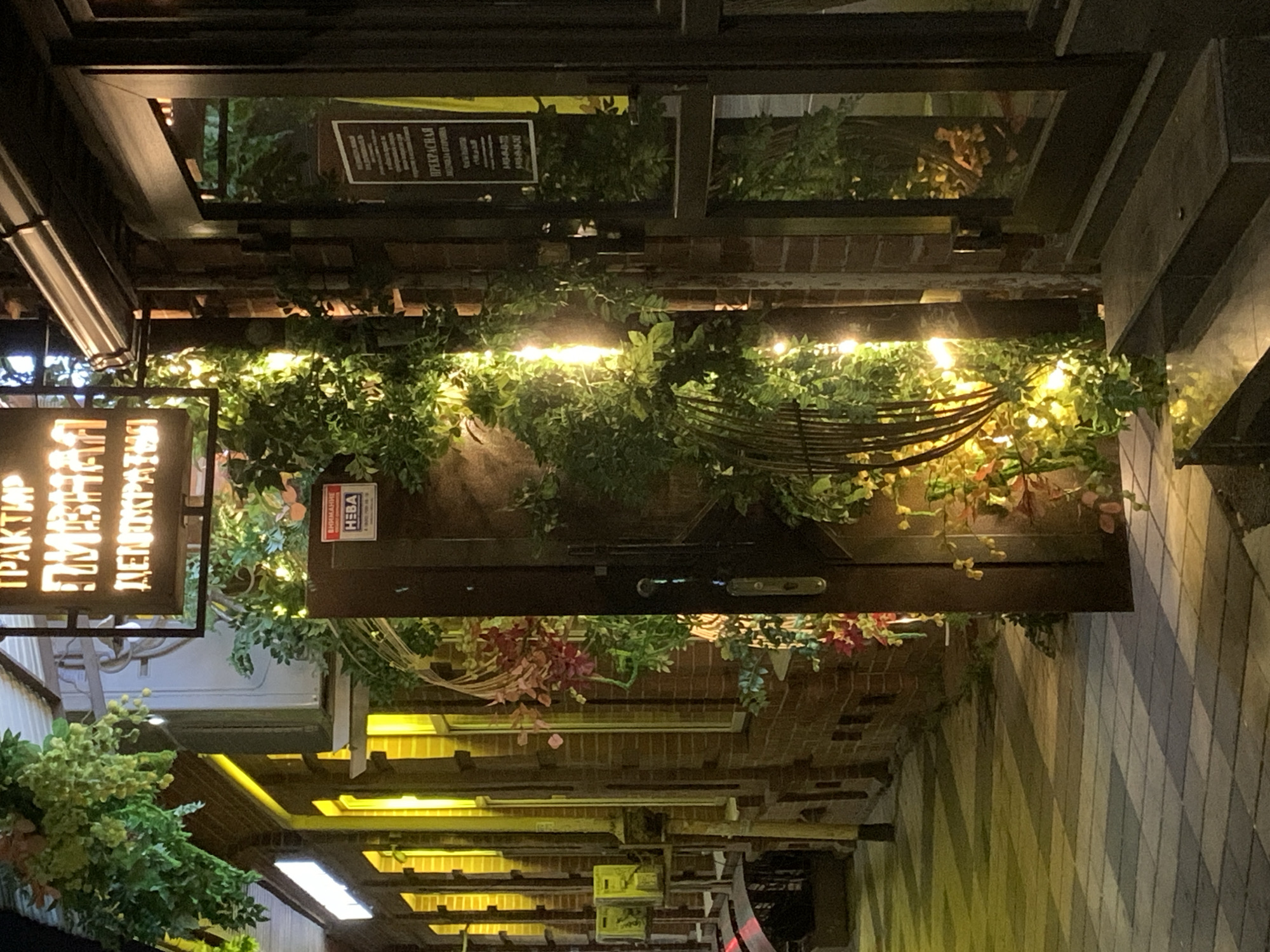 An outdoor, eye-level, full shot captures the entrance of a restaurant at night. The restaurant facade is constructed of red brick, with large windows and a doorway. The entrance is adorned with abundant greenery, including hanging plants and vines, intertwined with warm white string lights. A metal sign with illuminated Cyrillic text is mounted above the entrance, partially obscured by the greenery. To the left of the entrance, a sidewalk with a tiled pattern is visible, illuminated by yellow light emanating from the interior of the building. On the right side of the entrance, a dark glass door is visible, reflecting the interior. Signs are posted on both the door and the wall next to it, in Cyrillic script. No people are present in the image.