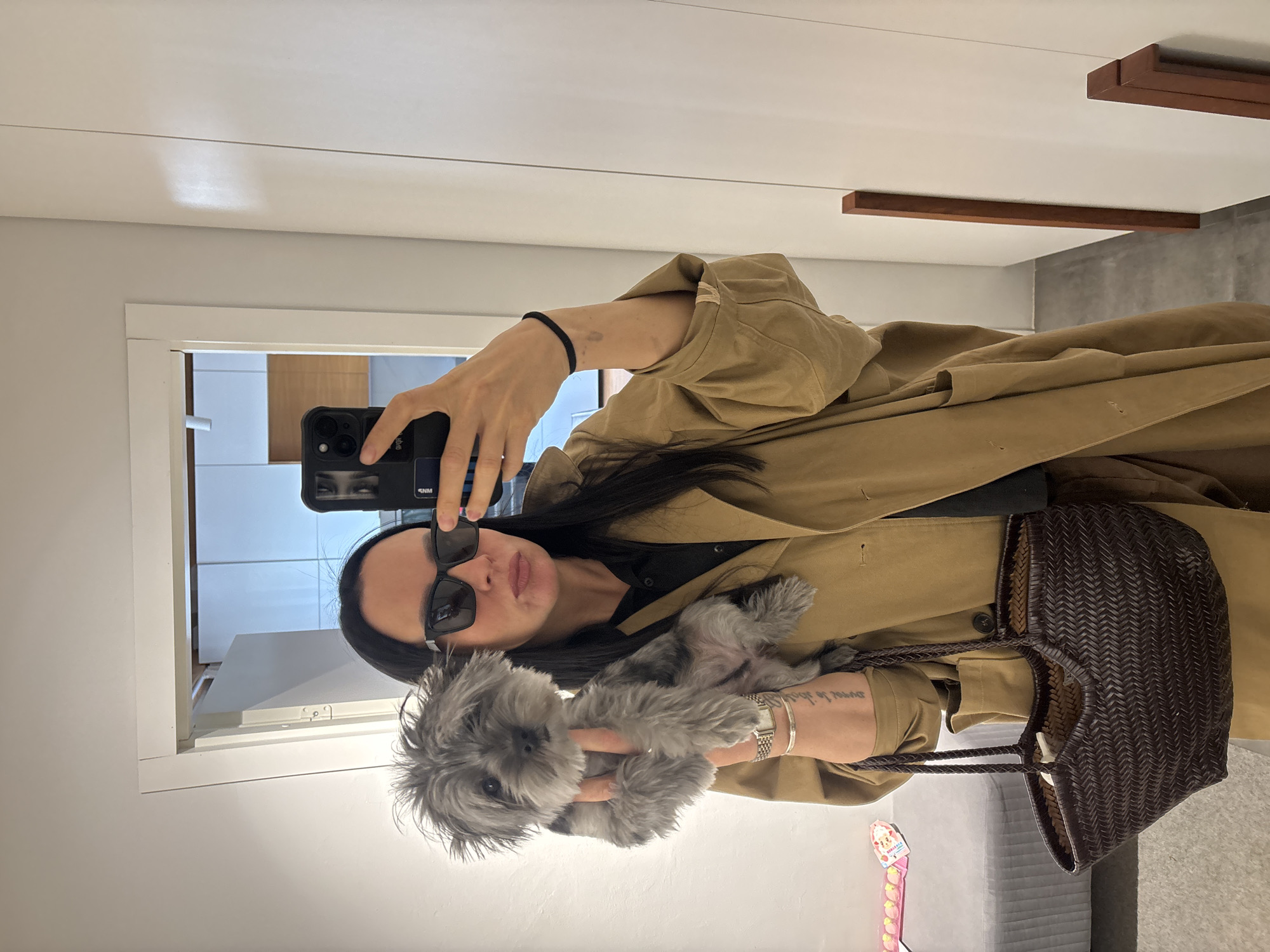 A woman takes a mirror selfie while holding a small gray dog in what appears to be an indoor setting in Chaikovsky, Russia. She is positioned facing the camera, wearing large black sunglasses, a black top, and a light tan trench coat. Her dark, straight hair frames her face.
In her right hand, the woman holds a black smartphone, positioned to capture her reflection. Her left arm cradles a fluffy, light gray dog with dark eyes and a small pink nose, which looks towards the camera. On her left wrist, she wears a silver watch and a bracelet, and a faint tattoo with script lettering is visible on her forearm, possibly reading "Seize the day." A black hair tie is present on her right wrist. A dark brown woven bag with braided handles hangs from her left shoulder, partially visible on the right side of the image.
The background, reflected in the mirror, shows a bright, modern interior with light-colored walls and ceiling. Two long, rectangular wooden beams or decorative fixtures are mounted on the ceiling. A gray upholstered surface, likely a sofa or bed, is partially visible in the lower right, alongside a colorful plastic object featuring cartoon characters. The overall impression is casual and domestic.