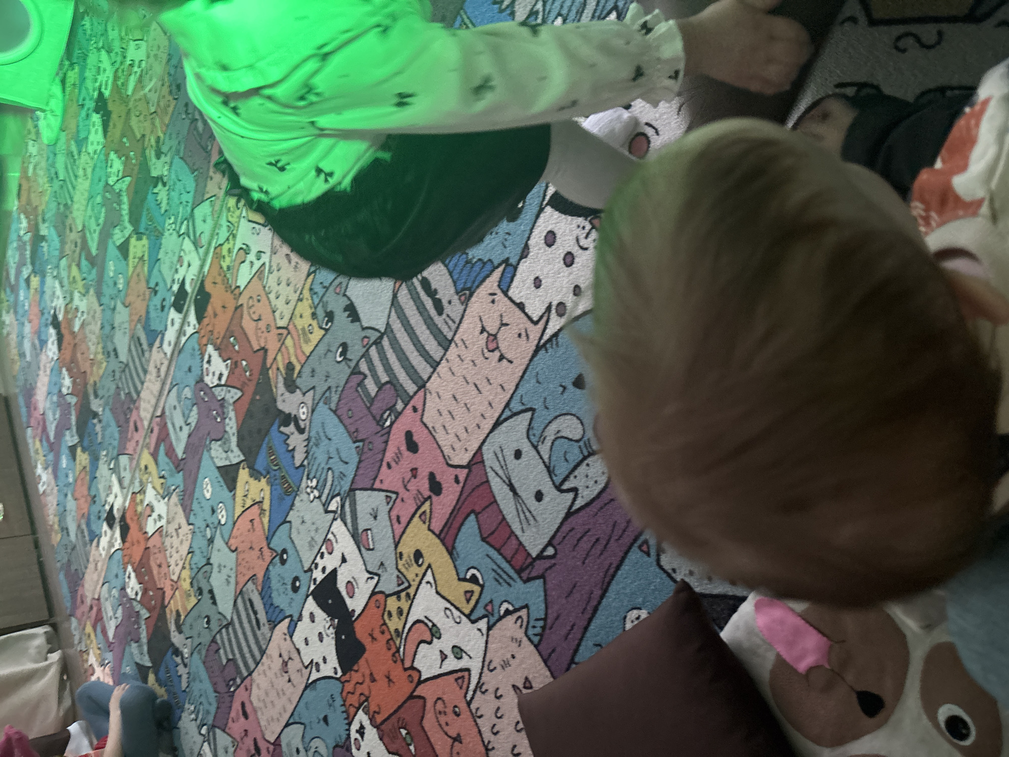 This indoor image, taken in Горный, Russia, captures a casual scene featuring children on a vibrant, cat-themed rug. The floor is covered by a colorful rug or mat adorned with numerous cartoon cat heads, each with unique patterns and colors, including stripes, polka dots, and solid hues.
In the mid-ground, a child wearing a bright green long-sleeved shirt and black pants is partially visible, seated or kneeling on the rug. A strong green light source, possibly a projector or LED light, casts an intense green glow over the left side of the scene and on the child's clothing, creating a distinct ambiance. In the foreground, the back of another child's head, with light brown hair, is prominent, indicating they are also on the floor. To the right, a third person is partially visible, lying down.
Adjacent to the foreground child are a dark brown pillow and a white stuffed animal or pillow featuring brown patches and a pink element, resembling an ear or horn. The scene suggests an indoor playtime or relaxation activity, likely in a child's room or play area. The artificial green illumination hints at an evening setting or a space designed with specific mood lighting. There is no discernible text within the image. Emotions are not clearly visible due to the partial views of the subjects.