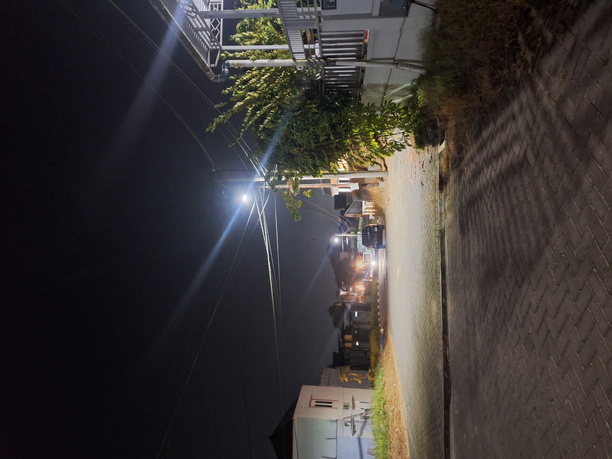 The image depicts a nighttime street scene in Samarinda, Indonesia, likely a residential area. A paved road, laid with dark interlocking bricks in a herringbone pattern, occupies the foreground and extends into the middle ground. To the left, a white, two-story house with dark trim around the windows is visible. Adjacent to it is a patch of dry grass and some low-lying vegetation.
In the middle ground, the street curves slightly, illuminated by a streetlamp positioned on the right. A dark-colored SUV is parked or driving slowly on the road. Further down the street, other houses and structures are faintly visible, with some lights on. Overhead, power lines crisscross the dark sky, and a bright streak of light, possibly from a streetlamp or another light source, cuts across the upper portion of the image.
To the right of the road, a modern fence with vertical slats and a metal railing encloses a property. A lush green tree with dense foliage grows beside the fence, partially illuminated by the streetlights, casting shadows on the paved ground. Dry grass and weeds are present along the base of the fence and the edge of the road. The overall atmosphere is quiet and dimly lit, characteristic of a residential street at night.