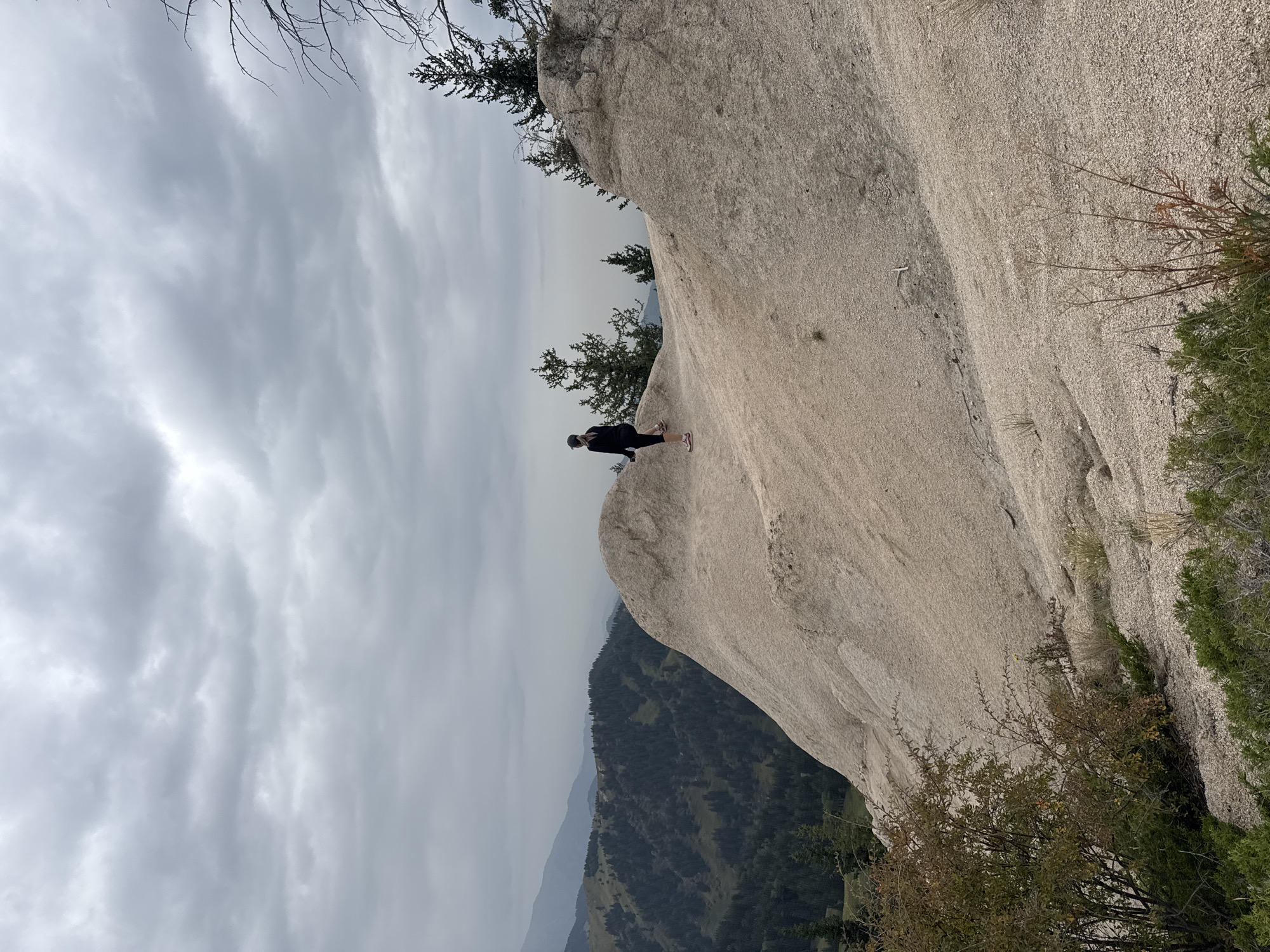 A person is walking on a dusty, rocky hillside overlooking a valley with forested mountains and a cloudy sky. The person is wearing dark clothing and a cap, and is seen from behind, walking away from the camera towards the right side of the frame. The hillside is a light tan color with small pebbles and scattered dry vegetation. In the background, dark green trees cover the rolling hills, and the sky is overcast with gray clouds. The scene appears to be in a natural, mountainous landscape.
