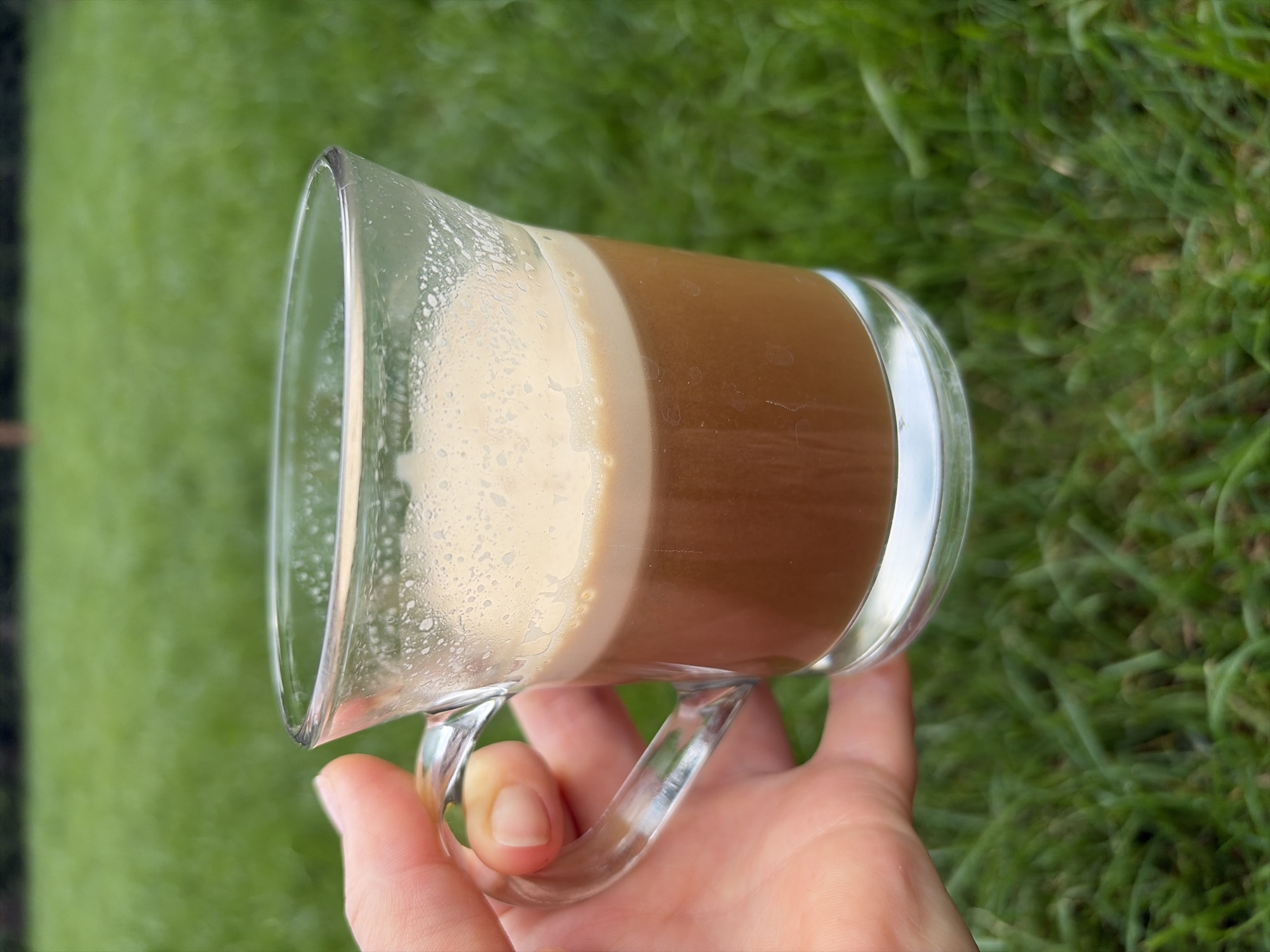A hand holds a clear glass mug filled with a beverage. The mug contains a stratified liquid, with a darker brown lower portion topped by a lighter brown foam. The mug has a clear glass handle. The background consists of out-of-focus green grass. The scene is outdoors and appears to be taken on a bright day. The location is identified as Oxentea, Moldova.