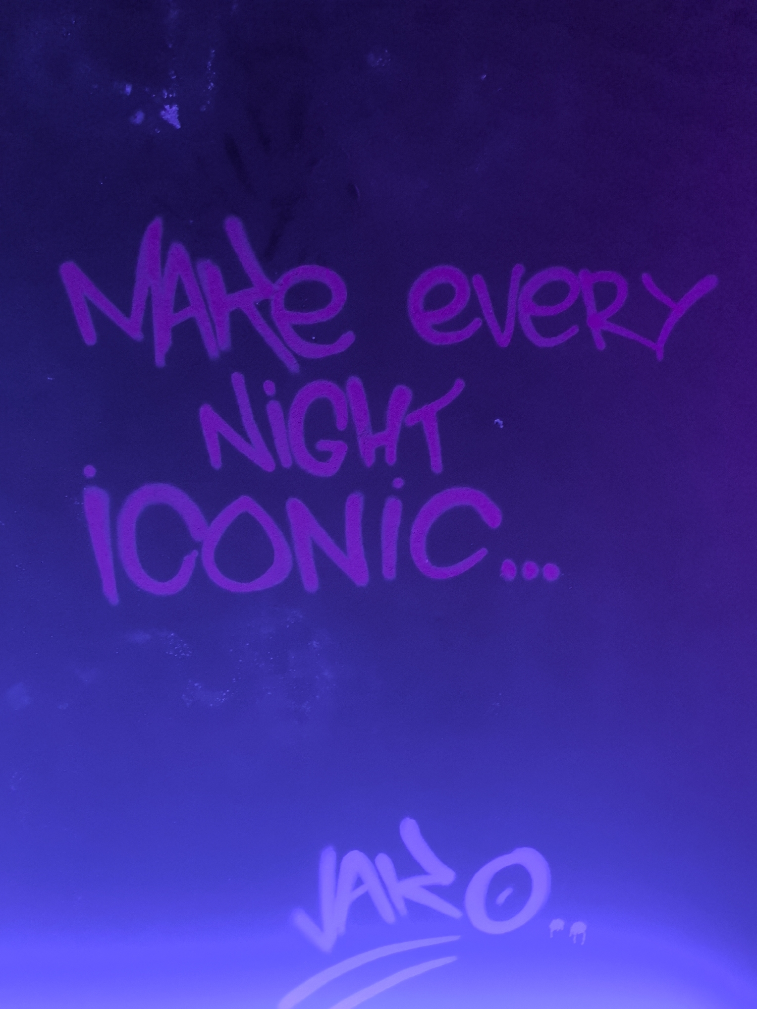 The image shows purple graffiti on a dark surface. The text reads "Make every night iconic..." and "Vano...". The location of the image is Stara Zagora, Bulgaria.