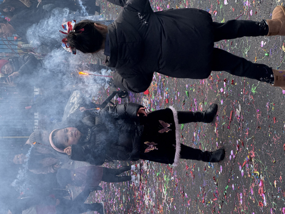 The image captures an outdoor scene featuring two young girls and several adults amidst a festive celebration, marked by smoke from sparklers and a ground covered in colorful confetti. The photograph is oriented vertically, with the subjects appearing to be standing on a dark paved surface.
In the foreground, slightly to the left, a young girl with dark hair and a light-colored headband looks directly towards the viewer. She is wearing a black puffer jacket, black leggings, and a black skirt adorned with two shimmering butterfly appliques – one bronze and one silver/pinkish – and a white faux fur trim along the hem. She has black boots on and is holding a long, thin stick, likely a sparkler, which is actively burning and emitting smoke.
To the right and slightly behind the first girl, another young girl is visible, mostly from the back, with her head turned to the right. She is wearing a black puffer jacket, black leggings, and light brown boots, possibly Ugg-style. Her dark hair is tied up, and a prominent red, white, and blue bow is visible at the back of her head. She is also holding a lit sparkler, from which smoke is rising.
A significant amount of white smoke from the sparklers fills the middle ground of the image, partially obscuring other figures and the background. Behind the girls, several adults are visible, some partially obscured by the smoke or other people. On the far left, an adult with glasses is visible, looking forward. Further back, another adult appears to be holding a phone.
The ground beneath the subjects is completely covered in a dense layer of multi-colored confetti, small pieces of paper, and twisted streamers, indicating a recent or ongoing celebration. The bright, even lighting suggests it is daytime. The heavy jackets and warm clothing worn by the children and adults indicate cool or cold weather. The overall atmosphere appears festive and lively. No discernible text is visible in the image.