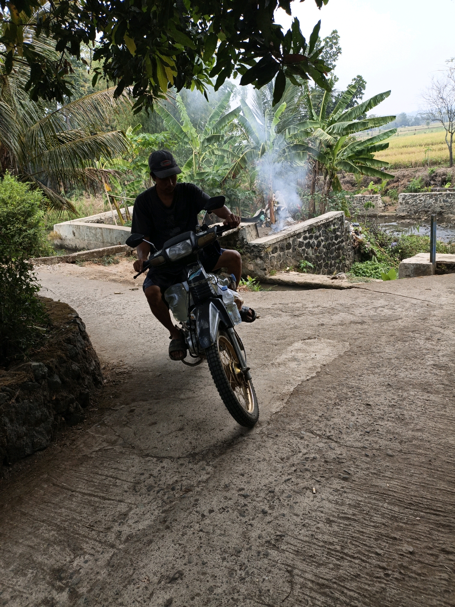 A man wearing a black t-shirt and dark shorts is riding a black motorcycle on a dirt road. He has a black cap on his head and is wearing sandals. The motorcycle has a gold-colored rim on the front wheel. Behind the man, there is smoke rising from a small fire. The environment is lush and green, with banana trees and other vegetation visible. In the background, there are rice fields and a clear sky. The scene appears to be in a rural area of Mangli, Indonesia, likely a residential or agricultural setting.