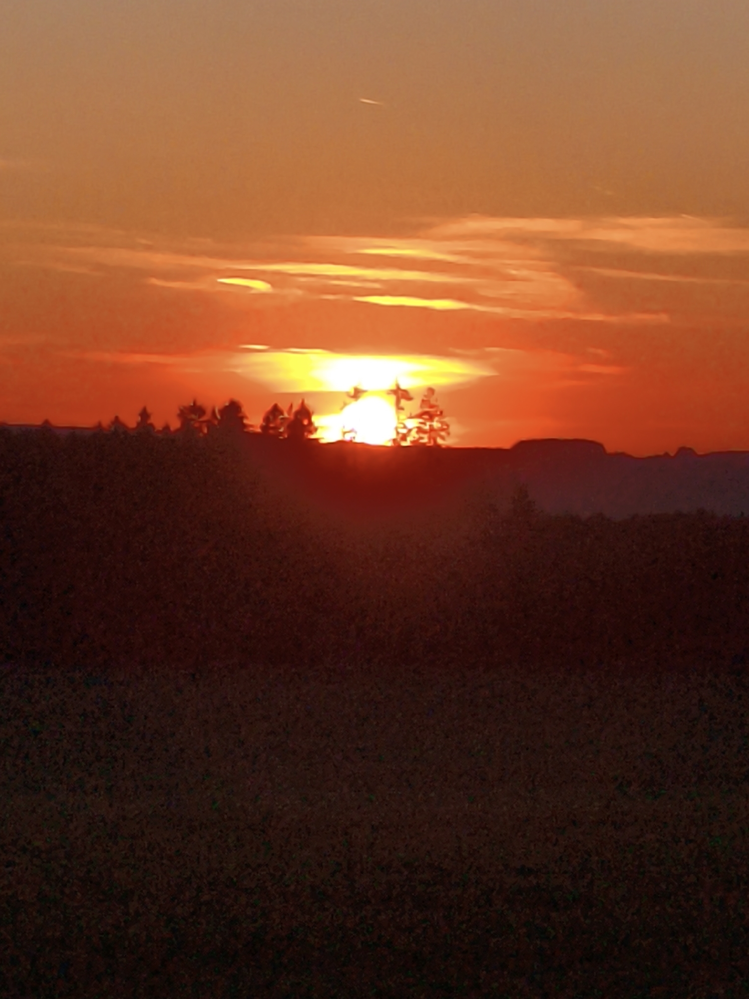 This image captures a sunset over a dark, silhouetted landscape, likely in the vicinity of Mauerstetten, Germany. The sky is dominated by vibrant hues of orange and yellow, with wispy clouds stretched across the horizon. The sun, a bright sphere of light, is partially obscured by a line of trees, which are also rendered in dark silhouette against the colorful sky. The foreground is a deep, dark mass, suggesting a field or vegetation. The overall impression is one of a serene natural setting at the end of the day, with the warm light of the setting sun illuminating the sky. There are no people or specific man-made structures visible in the image, lending it a natural and somewhat remote feel.
