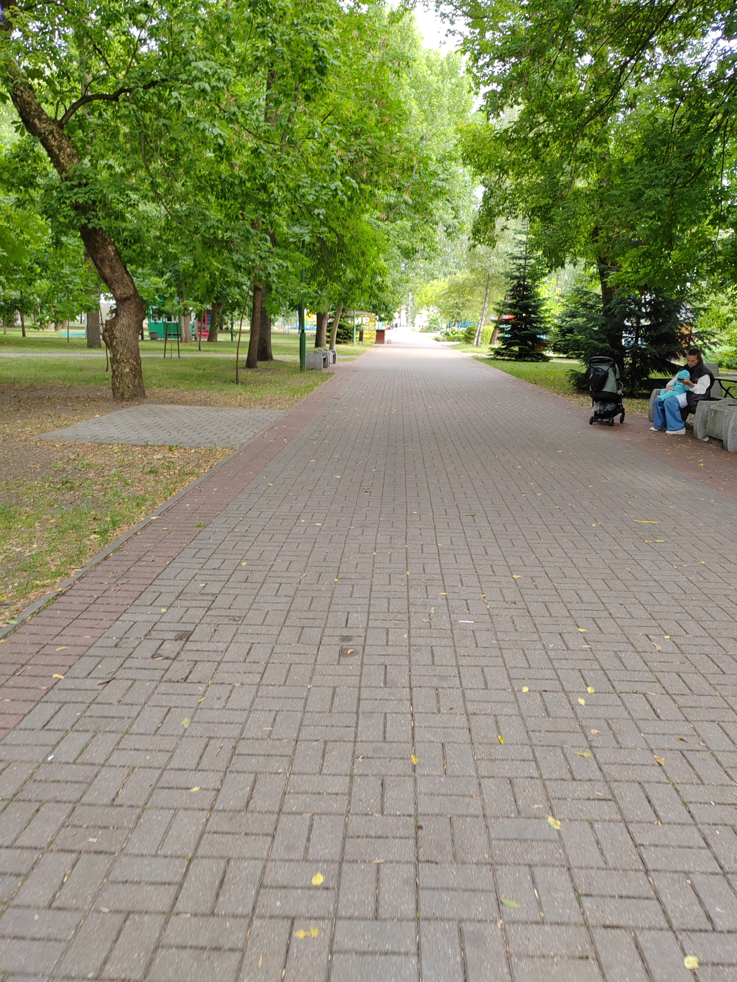 A paved pathway in a park in Brest, Belarus, is shown from a low angle, leading into the distance. The pathway is bordered by grass and trees. On the right side of the pathway, a woman is sitting on a bench with a baby in her lap, and a stroller is next to her. The trees are lush and green, indicating it is likely summer. The sky is overcast. The pathway is made of interlocking gray pavers with a red border.