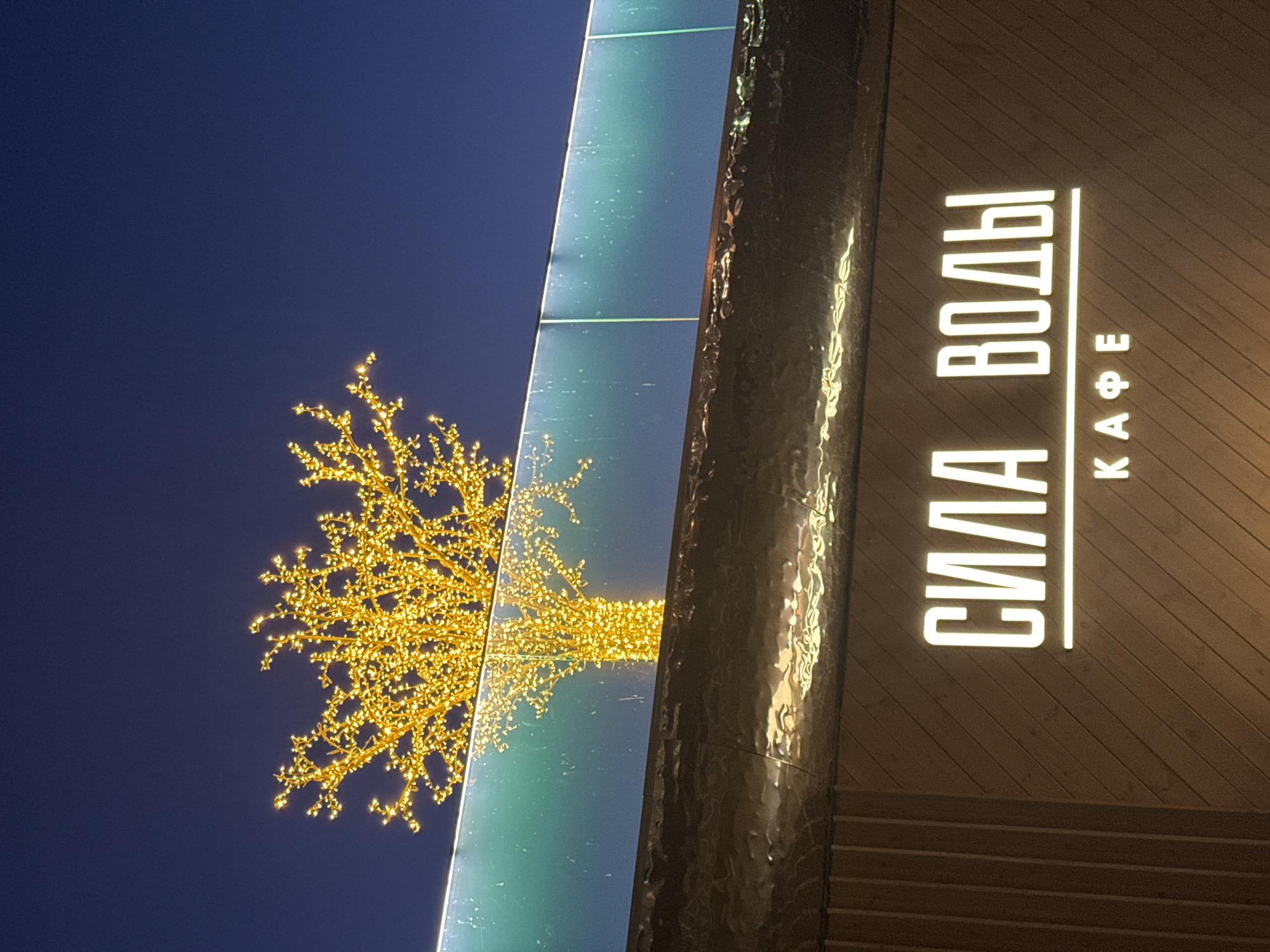 The photograph captures an outdoor scene at night, likely in an urban setting, featuring a building facade. The right side of the image displays a wall with horizontal wood paneling, on which is mounted an illuminated sign that reads "СИЛА ВОДЫ K A Ф E" stacked vertically. The left portion of the sign is slightly obscured by a textured, dark-colored, cylindrical pillar. To the left of the pillar, there is a vertical glass structure with a soft blue-green tint. Behind this glass, a tree-like structure, densely covered in tiny yellow lights, is visible against a dark blue evening sky. Given the sign, this location is a cafe named "Sila Vody" (Power of Water) and the setting is likely in Votkinsk, Russia. The illuminated tree suggests a decorative or celebratory setting, possibly during the holiday season.