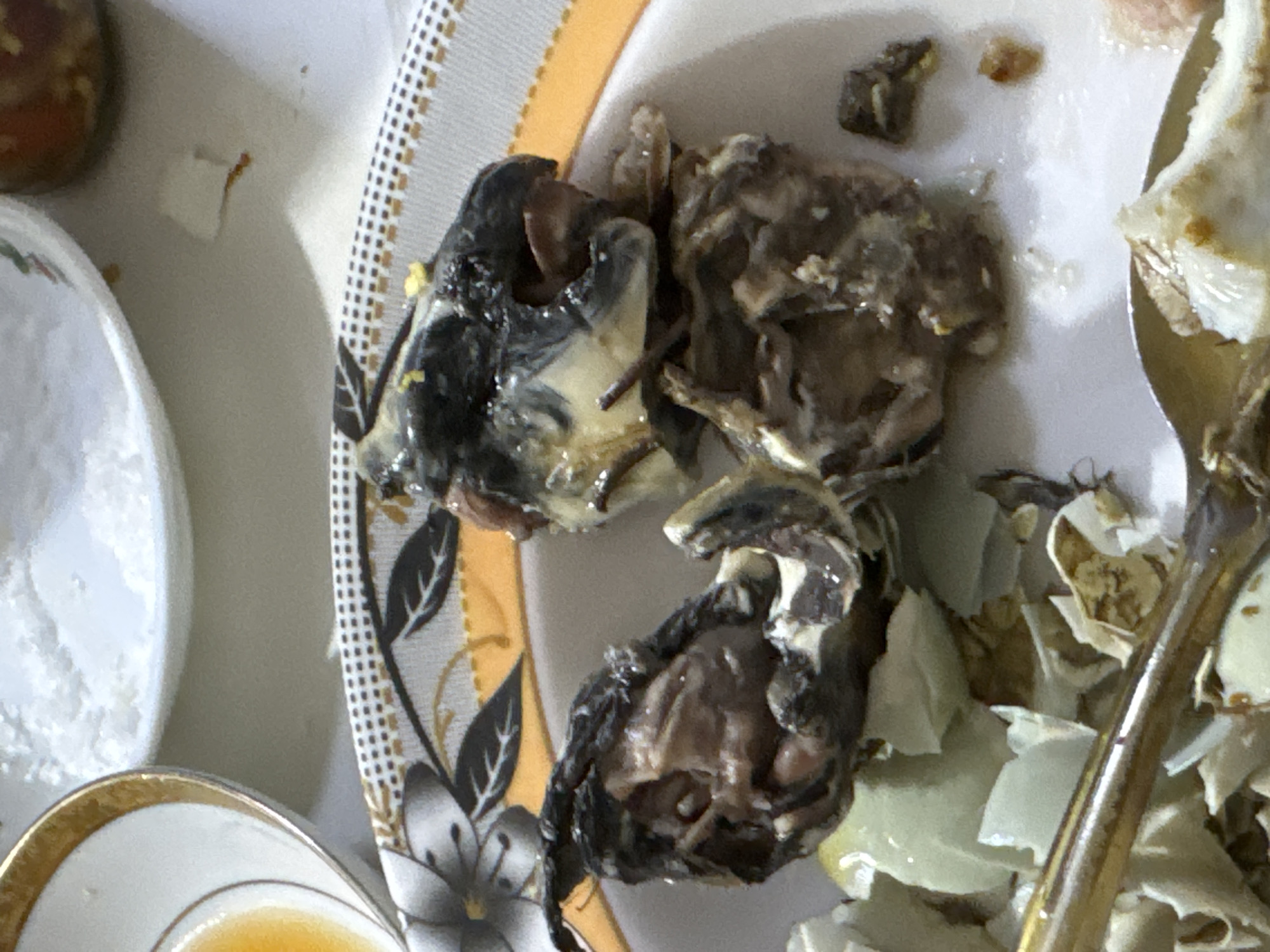 This close-up image displays a plate containing several pieces of what appears to be Balut, a Filipino delicacy consisting of a fertilized duck embryo that is boiled and eaten from the shell. The main subject shows dark, congealed parts of the embryo, with some discernible features of a developing chick.
Numerous white and brownish eggshell fragments are scattered on the plate, particularly on the right side, suggesting that the egg has been opened for consumption. A metallic utensil, likely a spoon, is partially visible among the eggshells on the right. The plate itself has a decorative rim with white, orange, black, and gold floral and geometric patterns.
In the blurred background, other dining items are visible: a white bowl or plate on the far left and the rim of a white cup with a gold border at the bottom left, containing a small amount of orange liquid, possibly a sauce or broth. The scene indicates the activity of eating or having recently eaten Balut. Given the location context of Davao City, Philippines, this dish is a common and culturally significant food item. No discernible text is visible in the image.